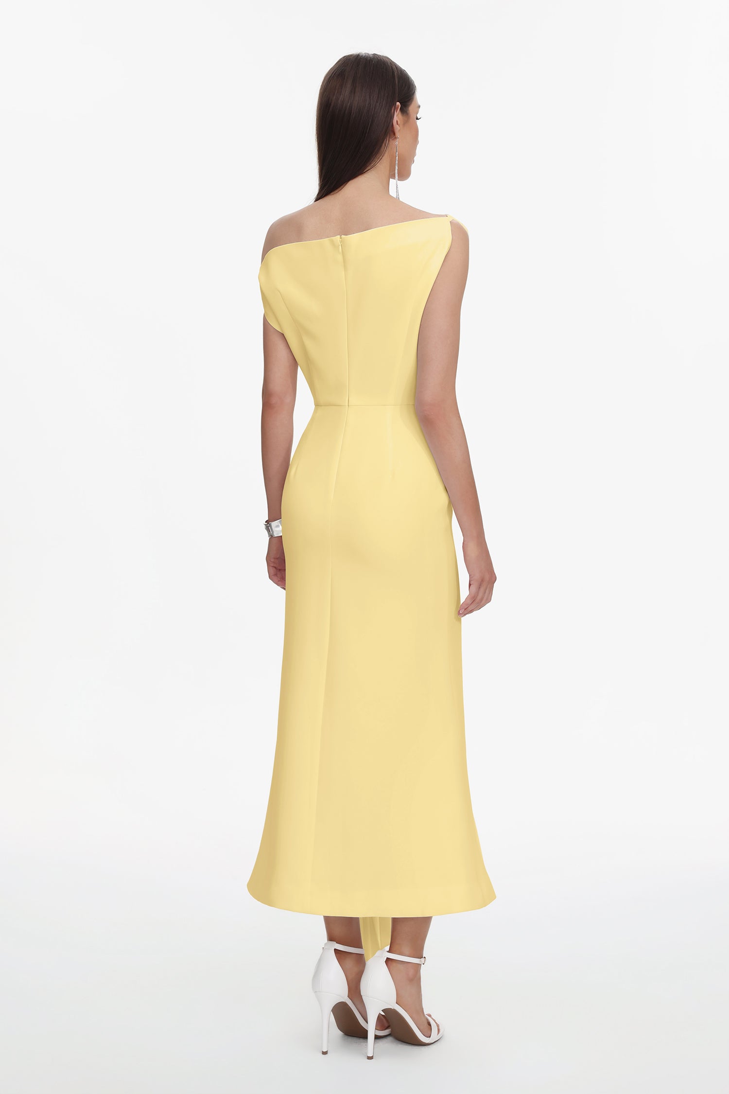 Paulina Oblique Shoulder Sleeveless Folds Yellow Midi Dress C250300341