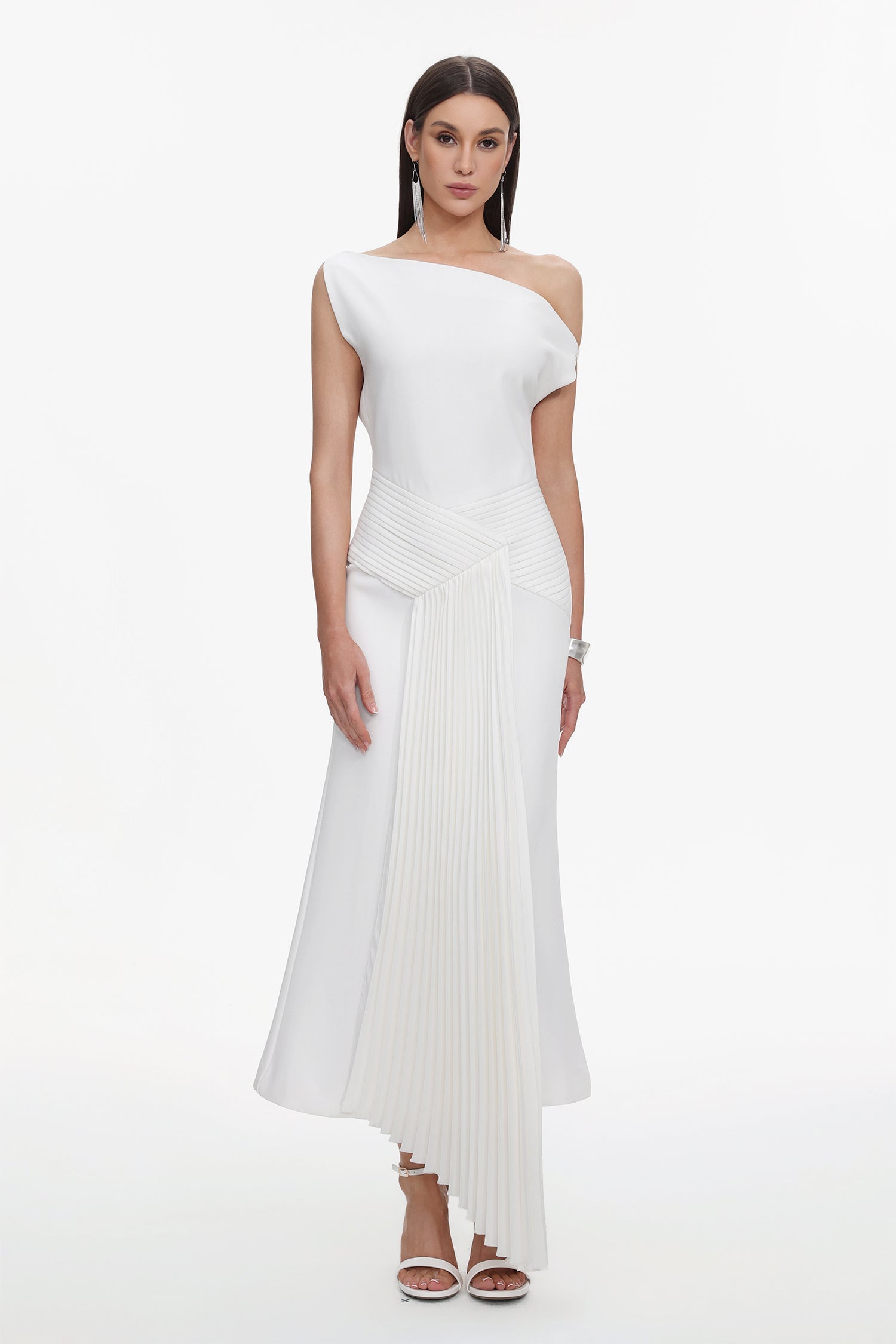 Paulina Oblique Shoulder Sleeveless Folds White Midi Dress C250300341