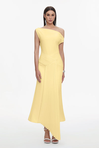 Yellow - Paulina Oblique Shoulder Sleeveless Folds Yellow Midi Dress by Bella Barnett