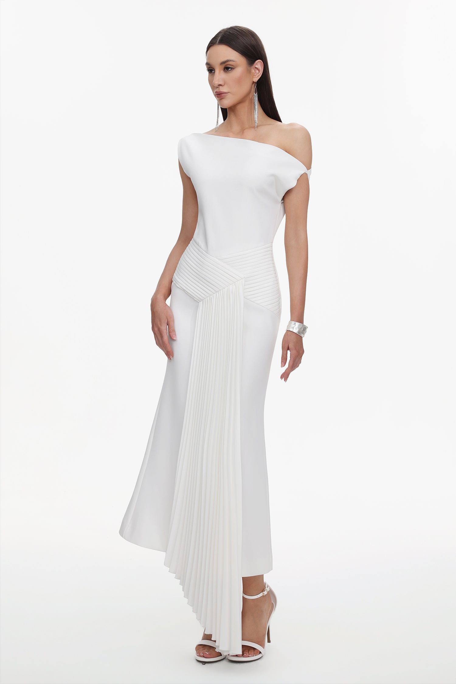 Paulina Oblique Shoulder Sleeveless Folds White Midi Dress C250300341