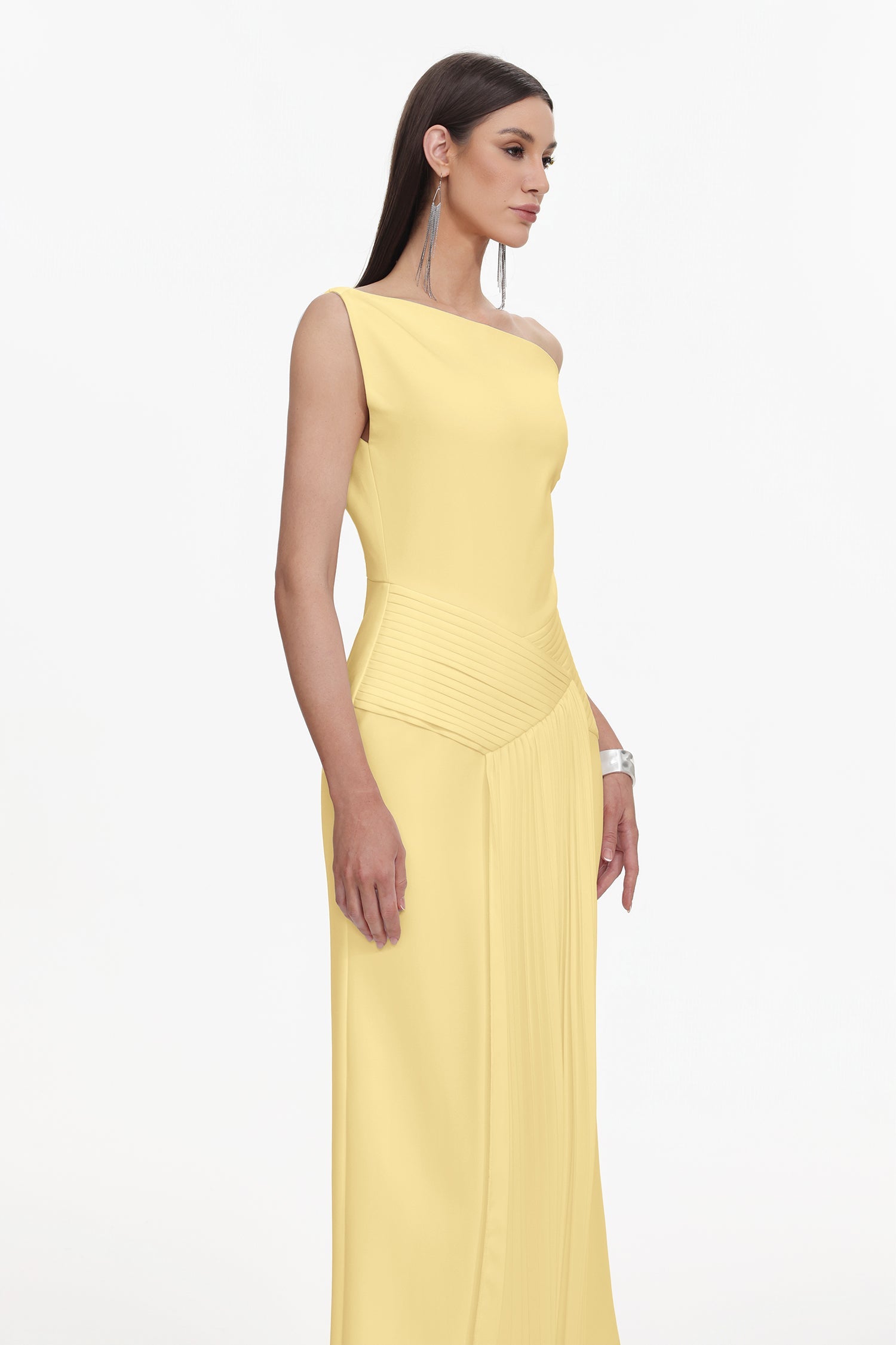 Paulina Oblique Shoulder Sleeveless Folds Yellow Midi Dress C250300341