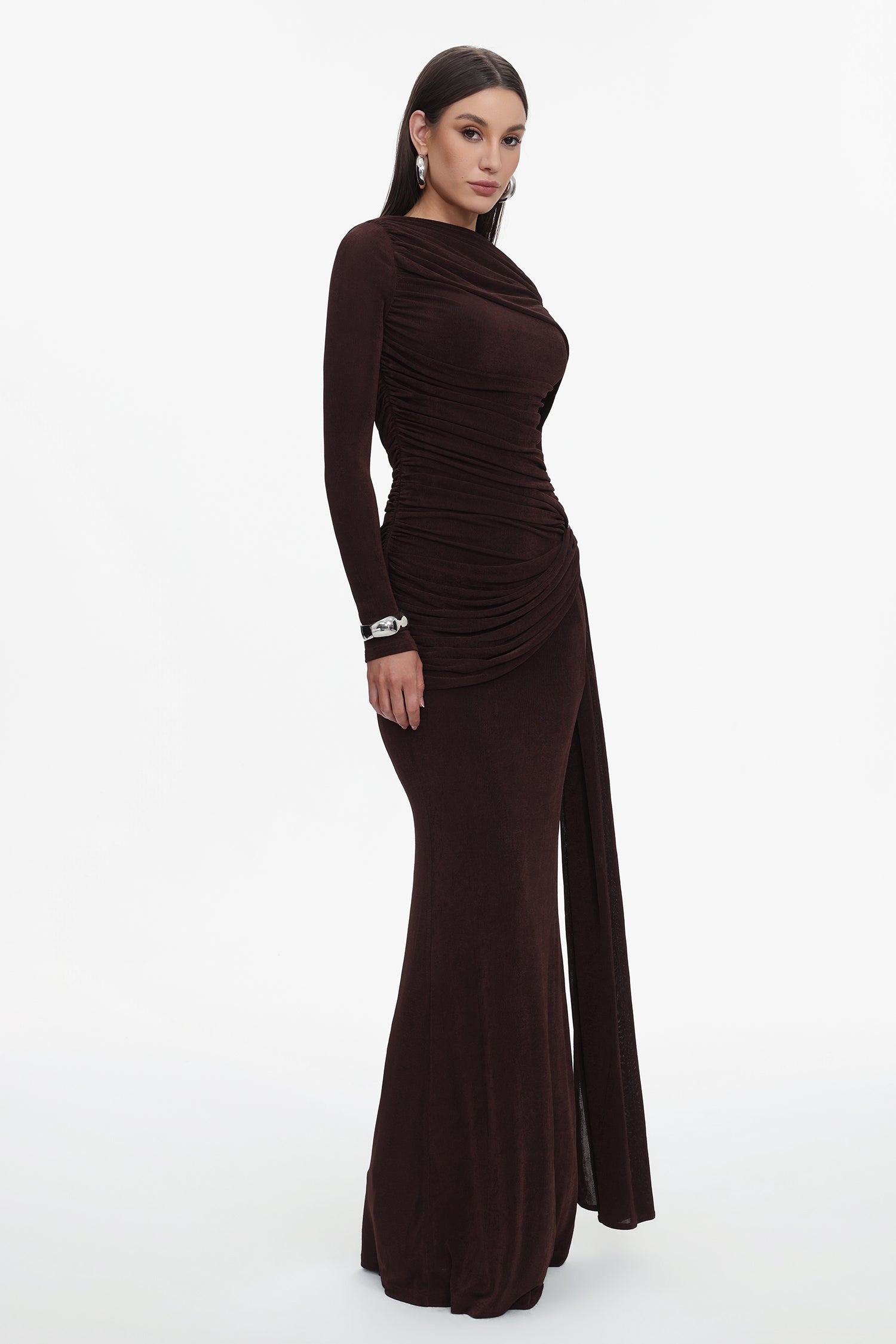 Tihila Long Sleeve Ruched Brown Maxi Dress D250901545