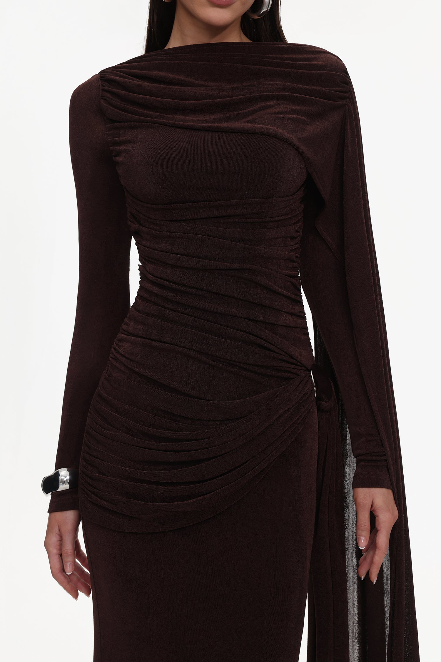 Tihila Long Sleeve Ruched Brown Maxi Dress D250901545