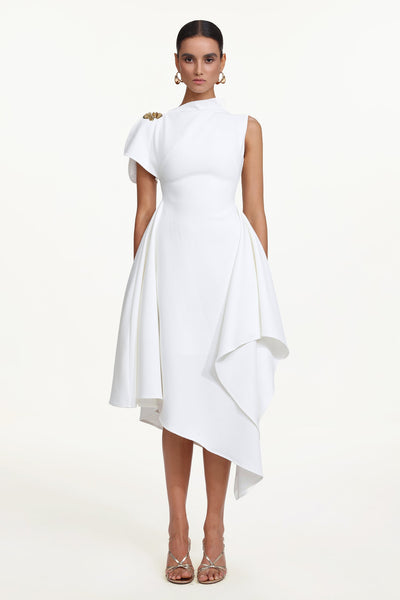 White - Weren Elegant Contour High Neck Asymmetric Maxi Dress by Bella Barnett