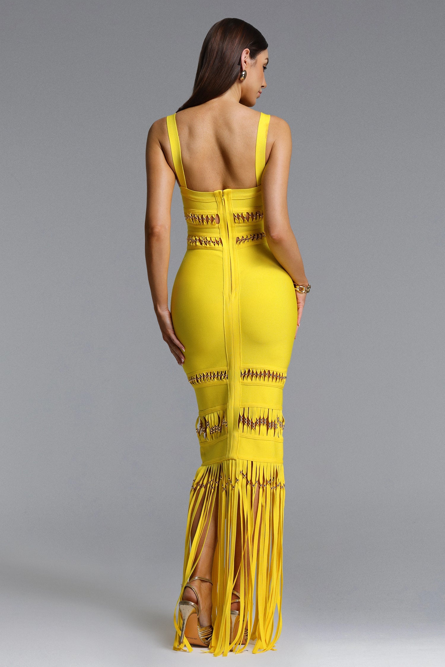 Shanley Chic Contour Sleeveless Beaded Fringe Bandage Maxi Dress D260301217