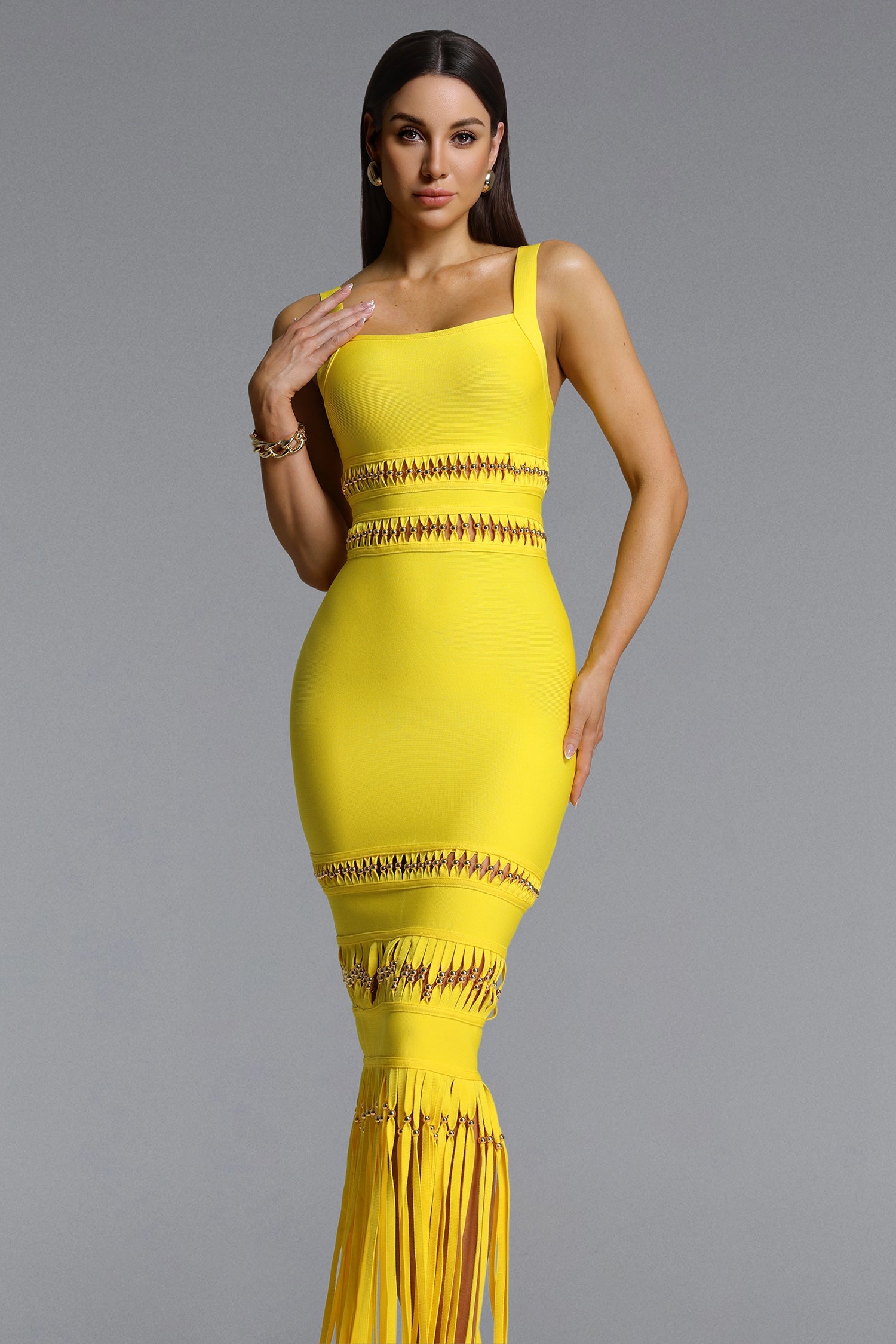 Shanley Chic Contour Sleeveless Beaded Fringe Bandage Maxi Dress D260301217