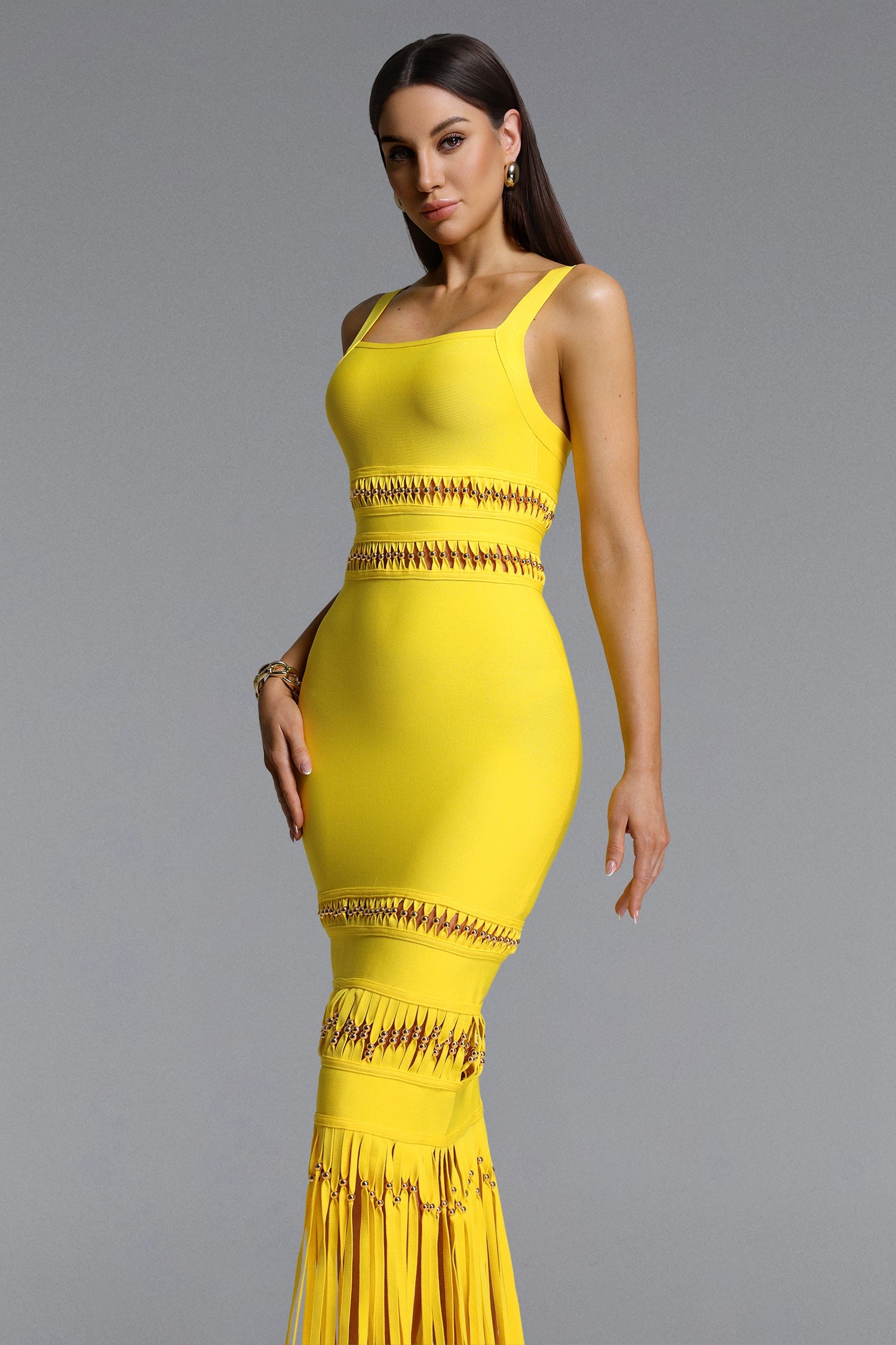 Shanley Chic Contour Sleeveless Beaded Fringe Bandage Maxi Dress D260301217