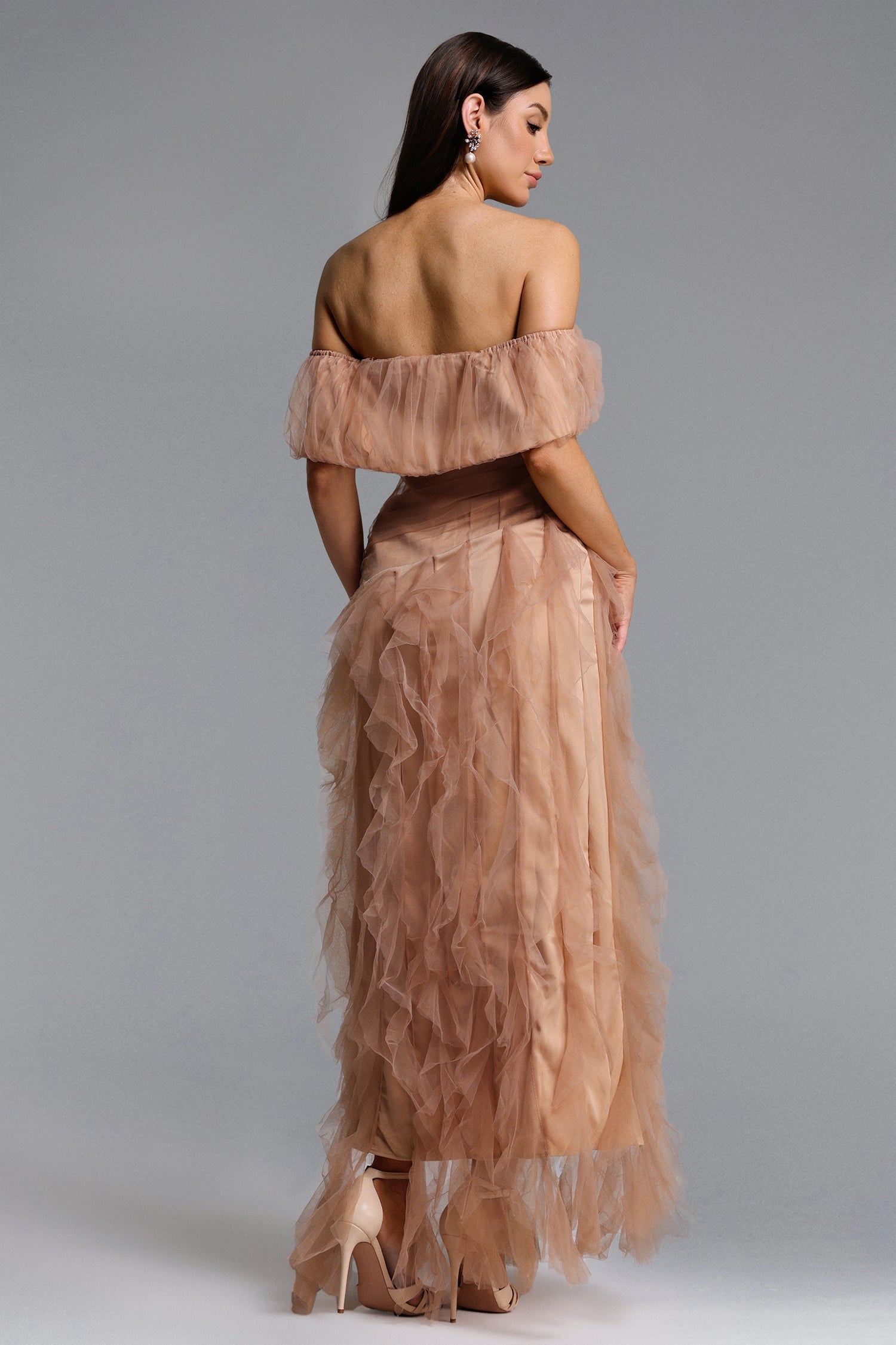 Revie Elegant Flowy Off Shoulder Ruffle Tulle Maxi Dress D251201531
