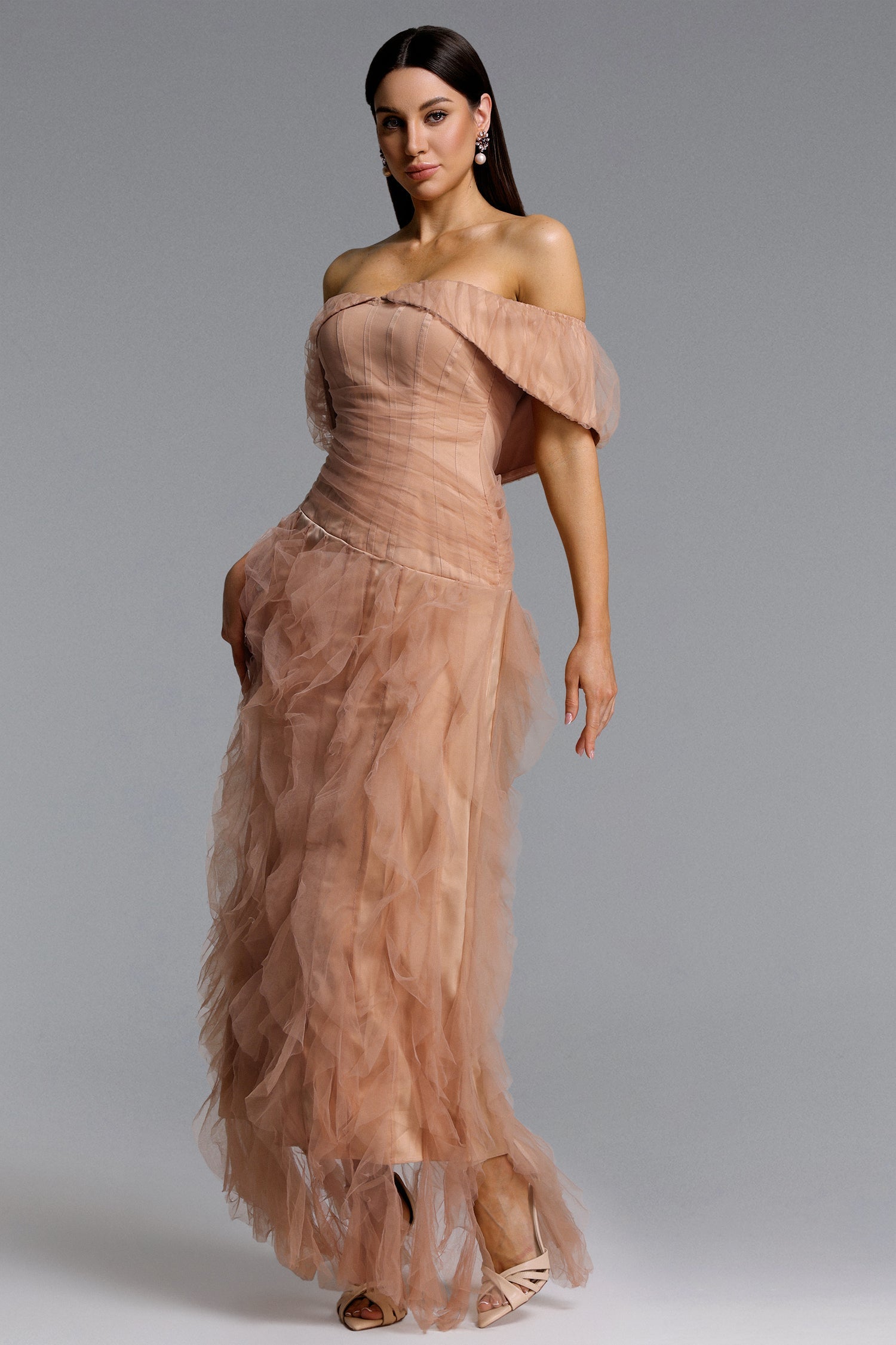 Revie Elegant Flowy Off Shoulder Ruffle Tulle Maxi Dress D251201531