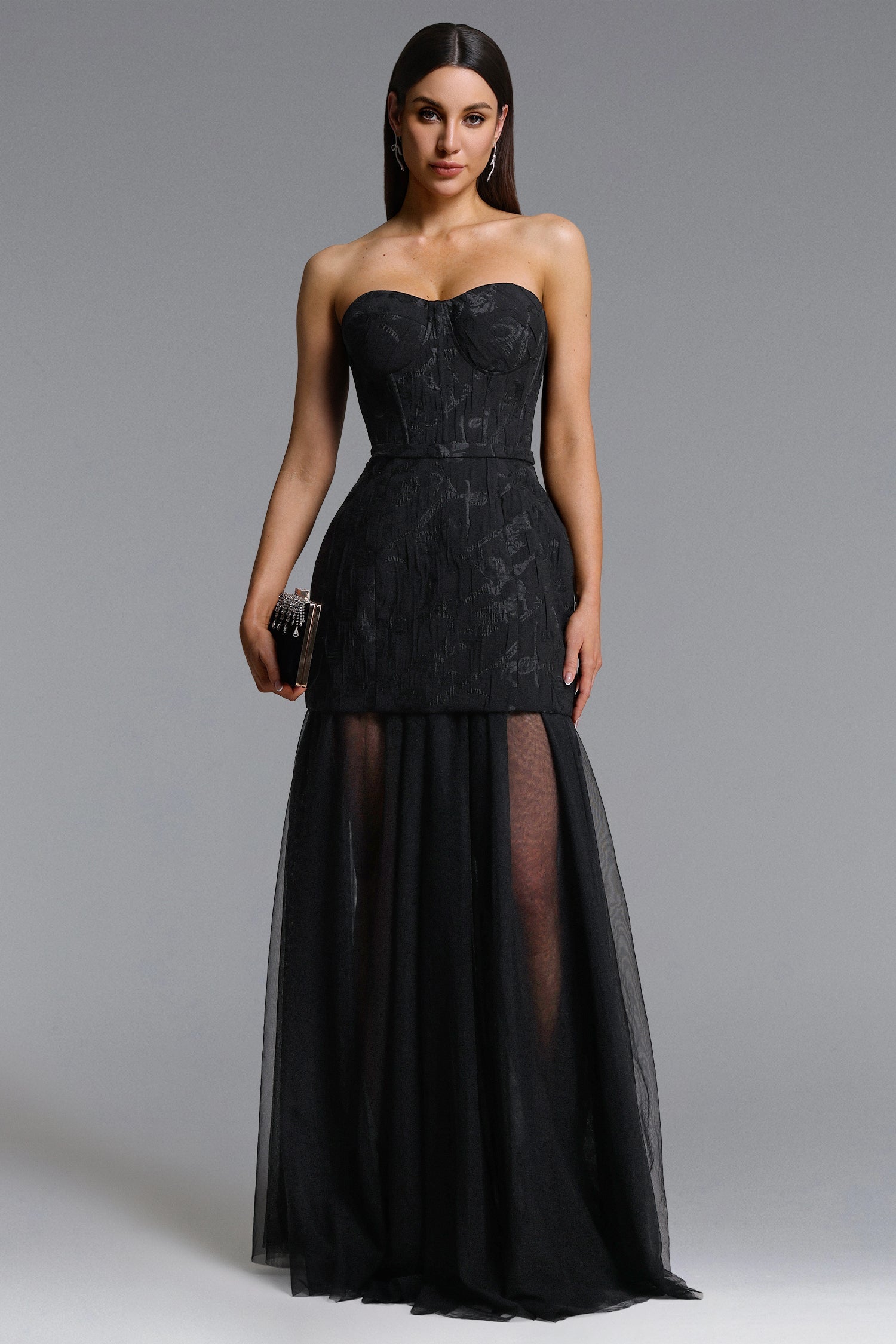 Margo Chic Contour Strapless Jacquard Floral Tulle Maxi Dress D260204201
