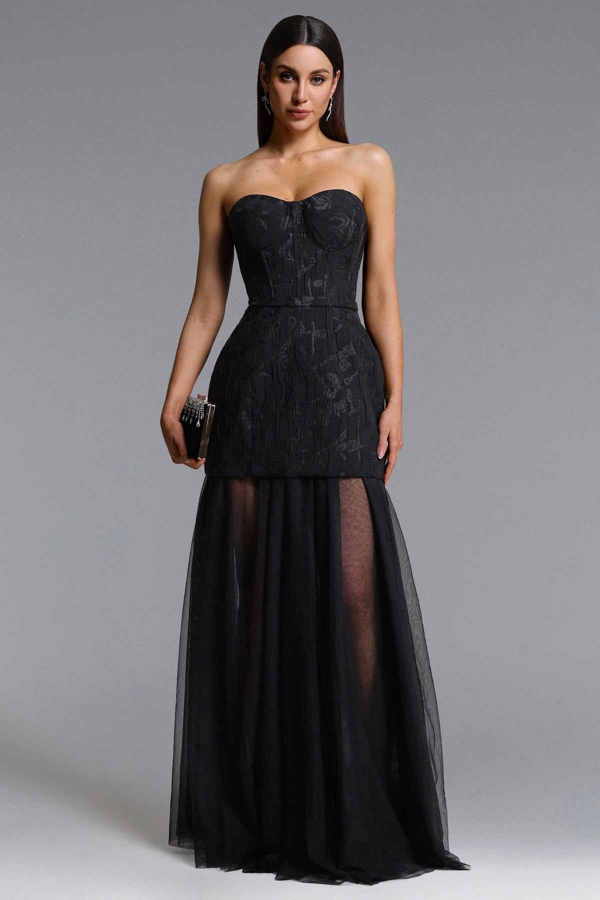 Margo Chic Contour Strapless Jacquard Floral Tulle Maxi Dress D260204201