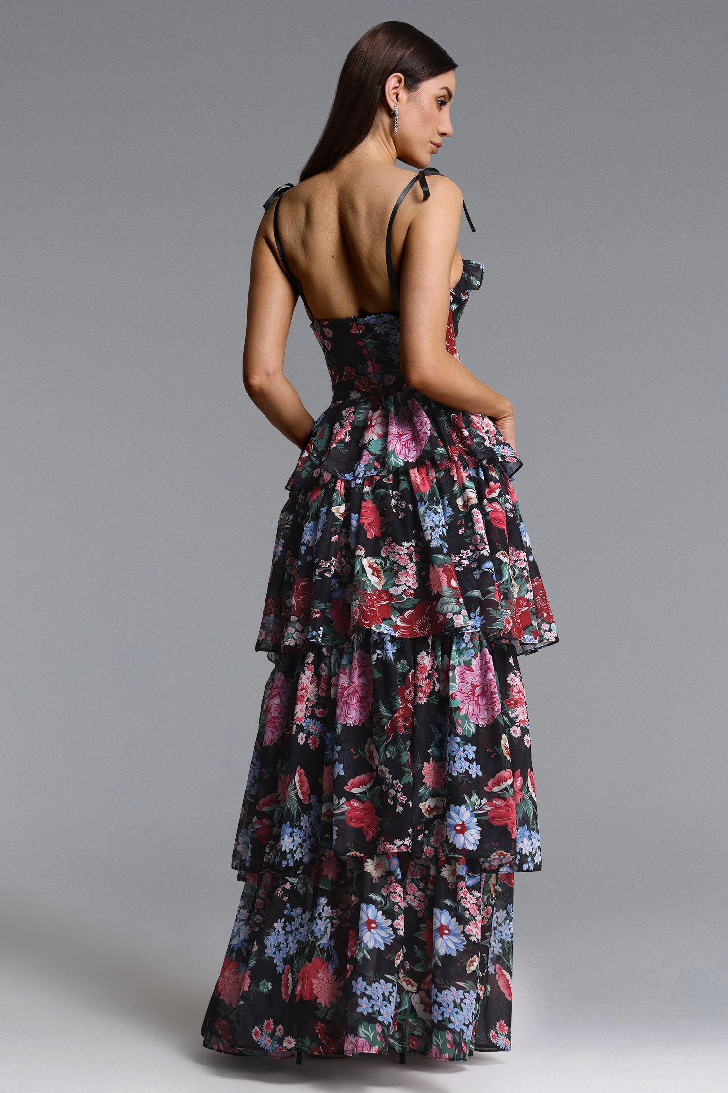Pale Chic Flowy Halter Cut Out Floral Print Ruffle Maxi Dress D260301228