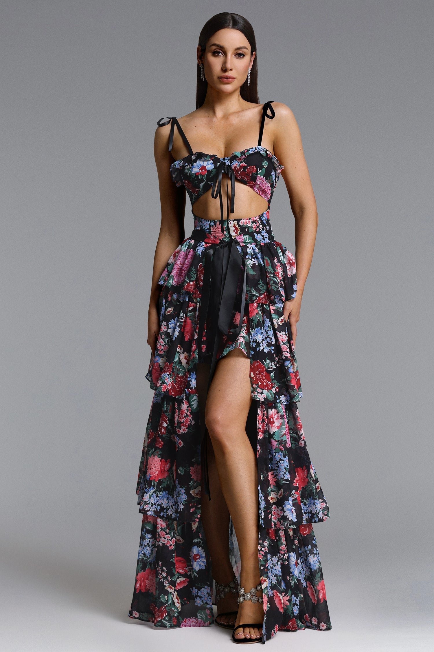 Pale Chic Flowy Halter Cut Out Floral Print Ruffle Maxi Dress D260301228