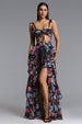 Pale Chic Flowy Halter Cut Out Floral Print Ruffle Maxi Dress by Bella Barnett