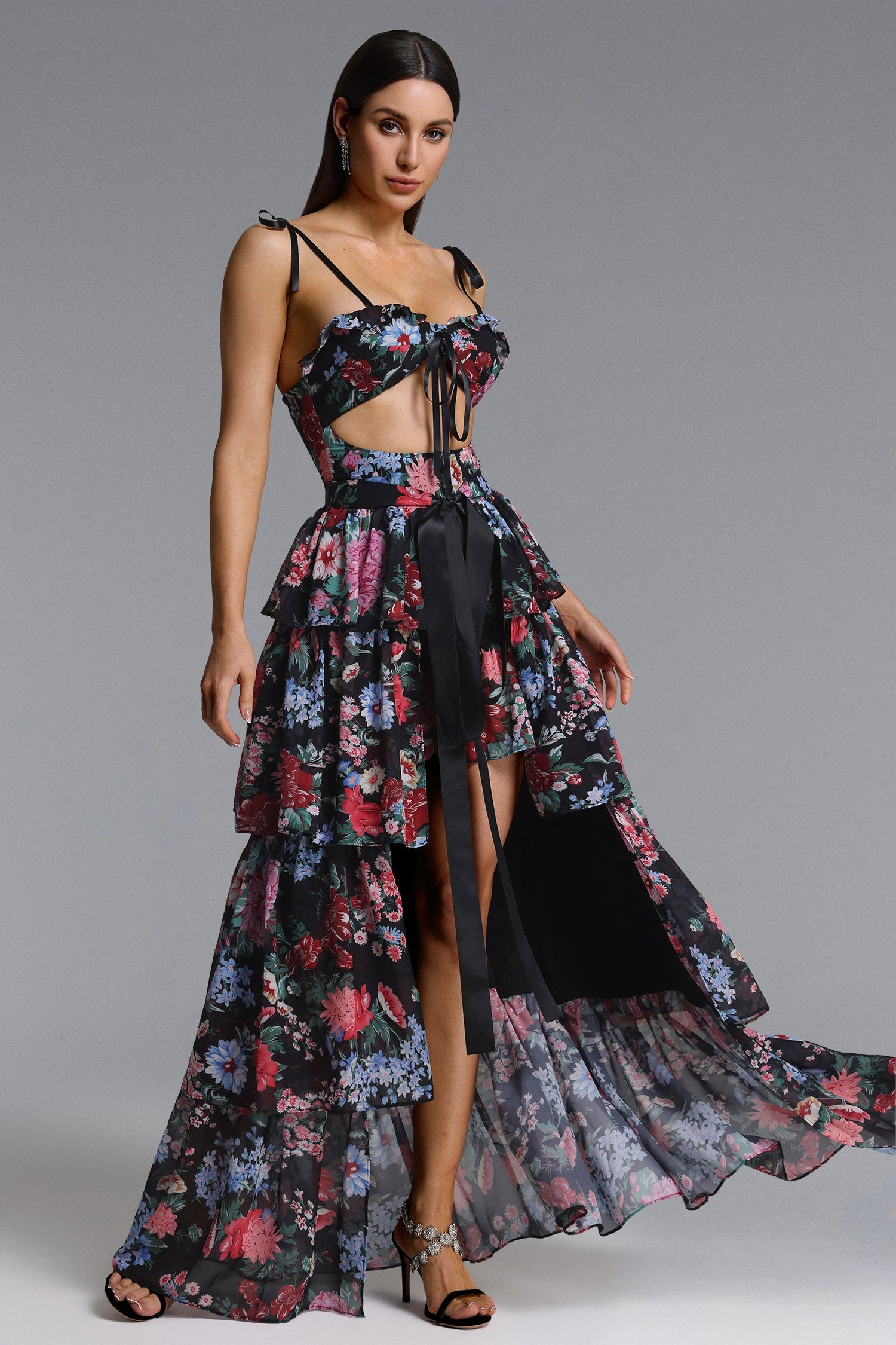 Pale Chic Flowy Halter Cut Out Floral Print Ruffle Maxi Dress D260301228