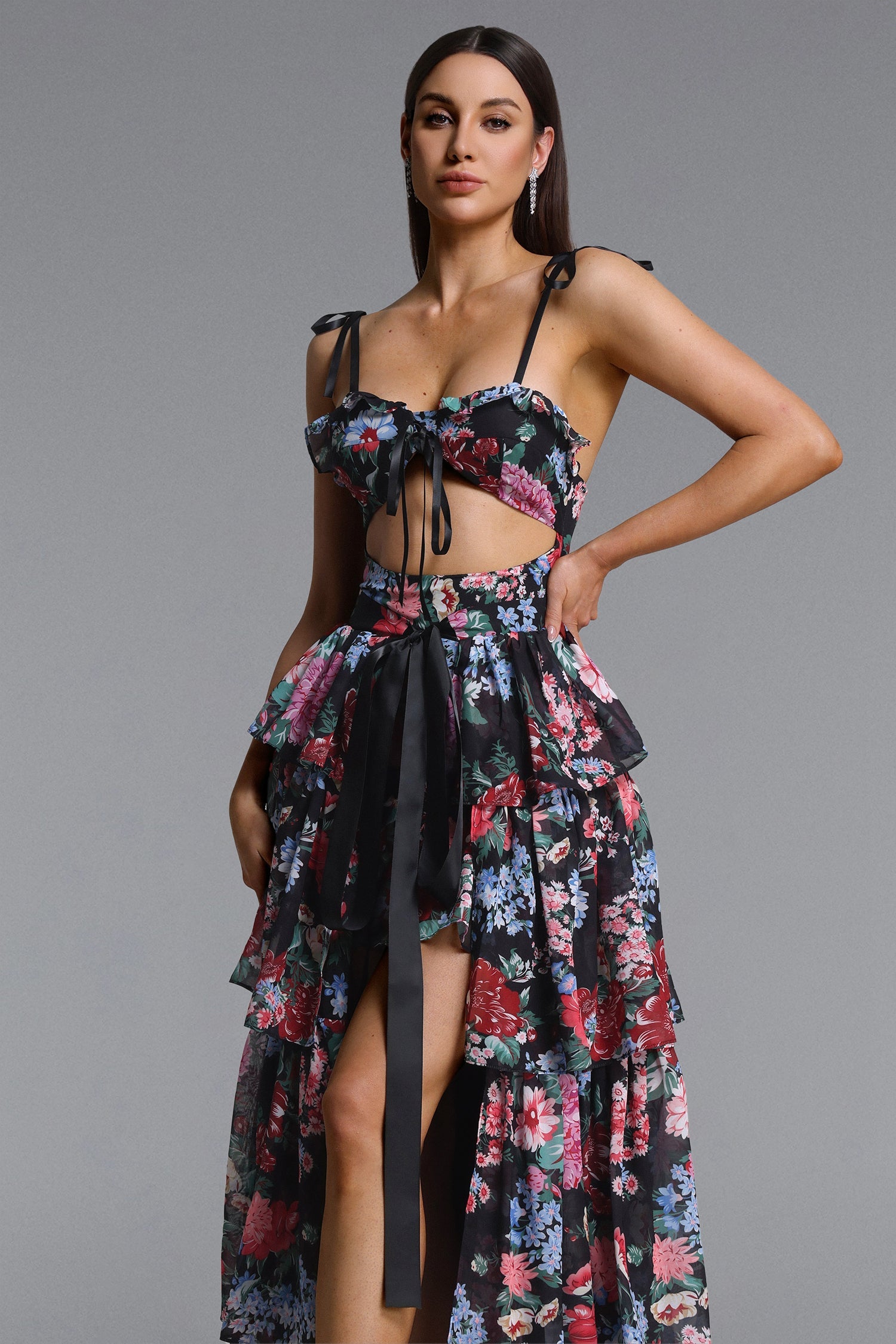 Pale Chic Flowy Halter Cut Out Floral Print Ruffle Maxi Dress D260301228