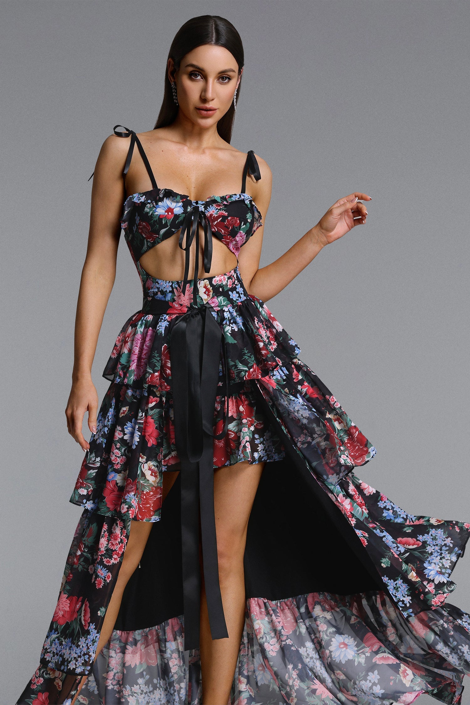 Pale Chic Flowy Halter Cut Out Floral Print Ruffle Maxi Dress D260301228
