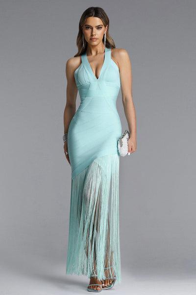 Blue - Emma Chic Contour V Neck Sleeveless Fringe Bandage Maxi Dress by Bella Barnett