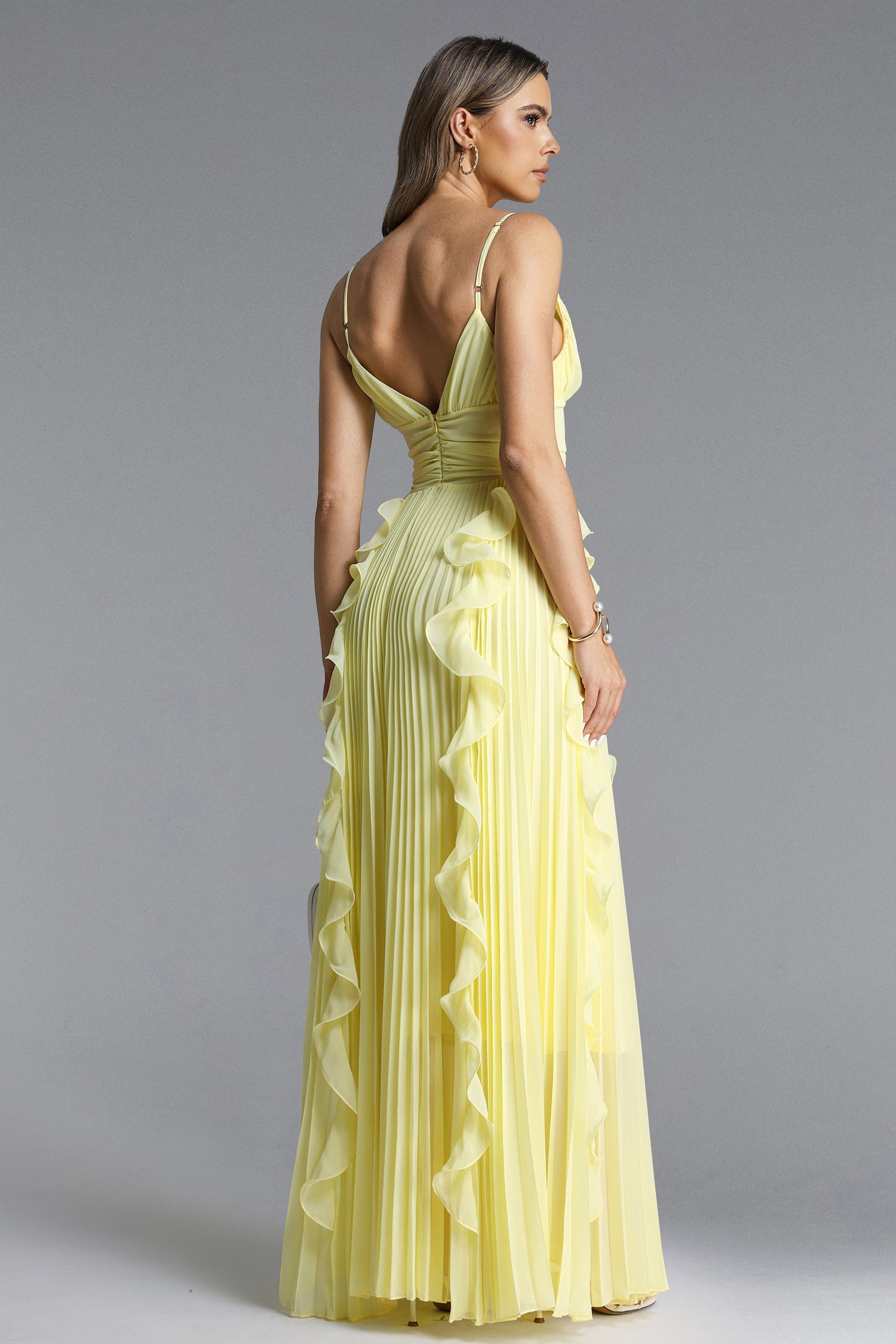 Viky Elegant Flowy Sleeveless Pleated Ruffle Maxi Dress D260301438