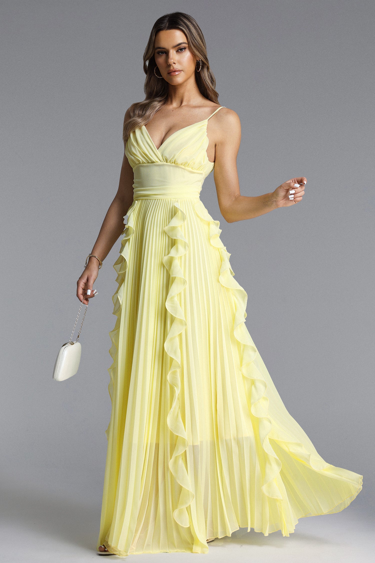 Viky Elegant Flowy Sleeveless Pleated Ruffle Maxi Dress D260301438