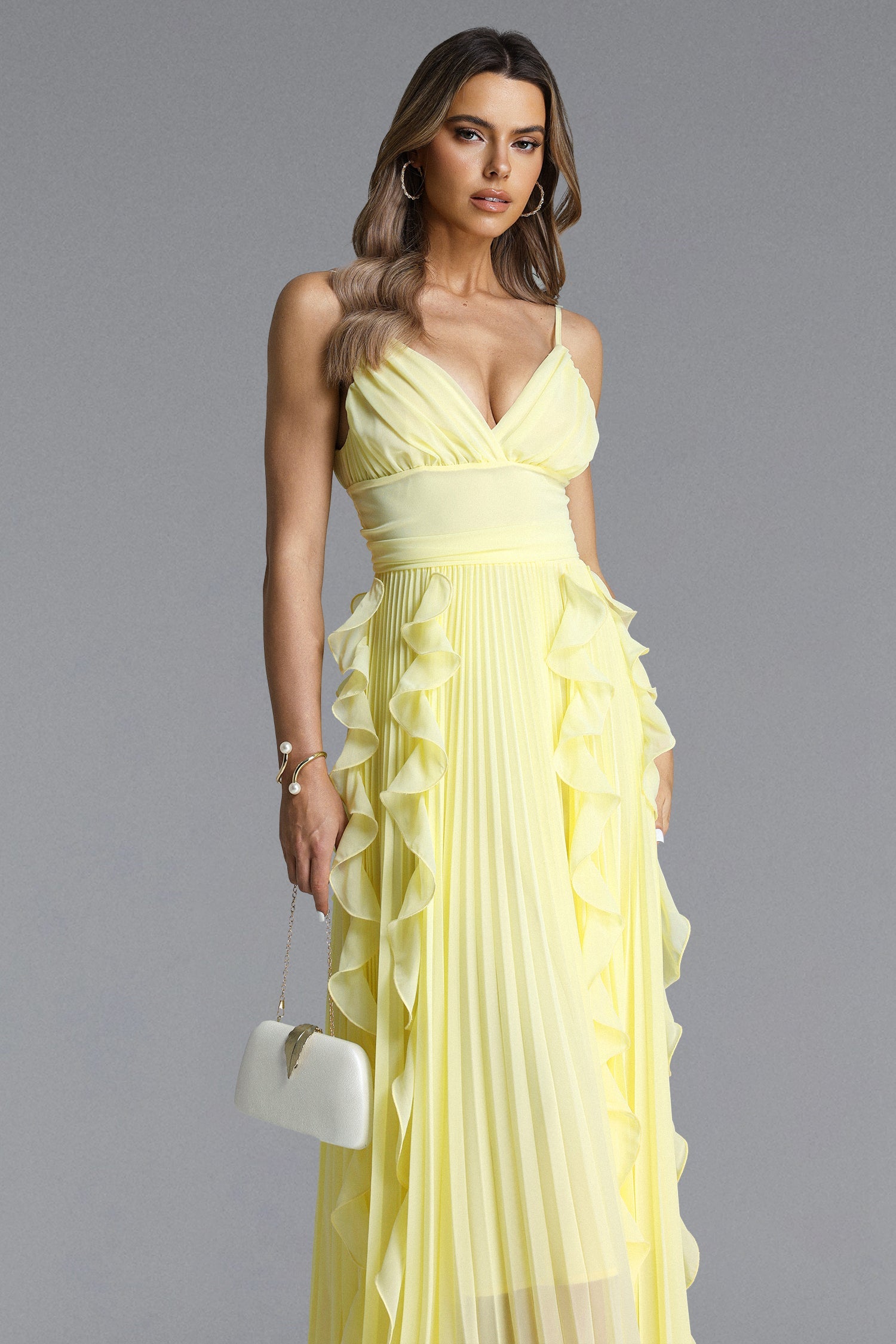 Viky Elegant Flowy Sleeveless Pleated Ruffle Maxi Dress D260301438