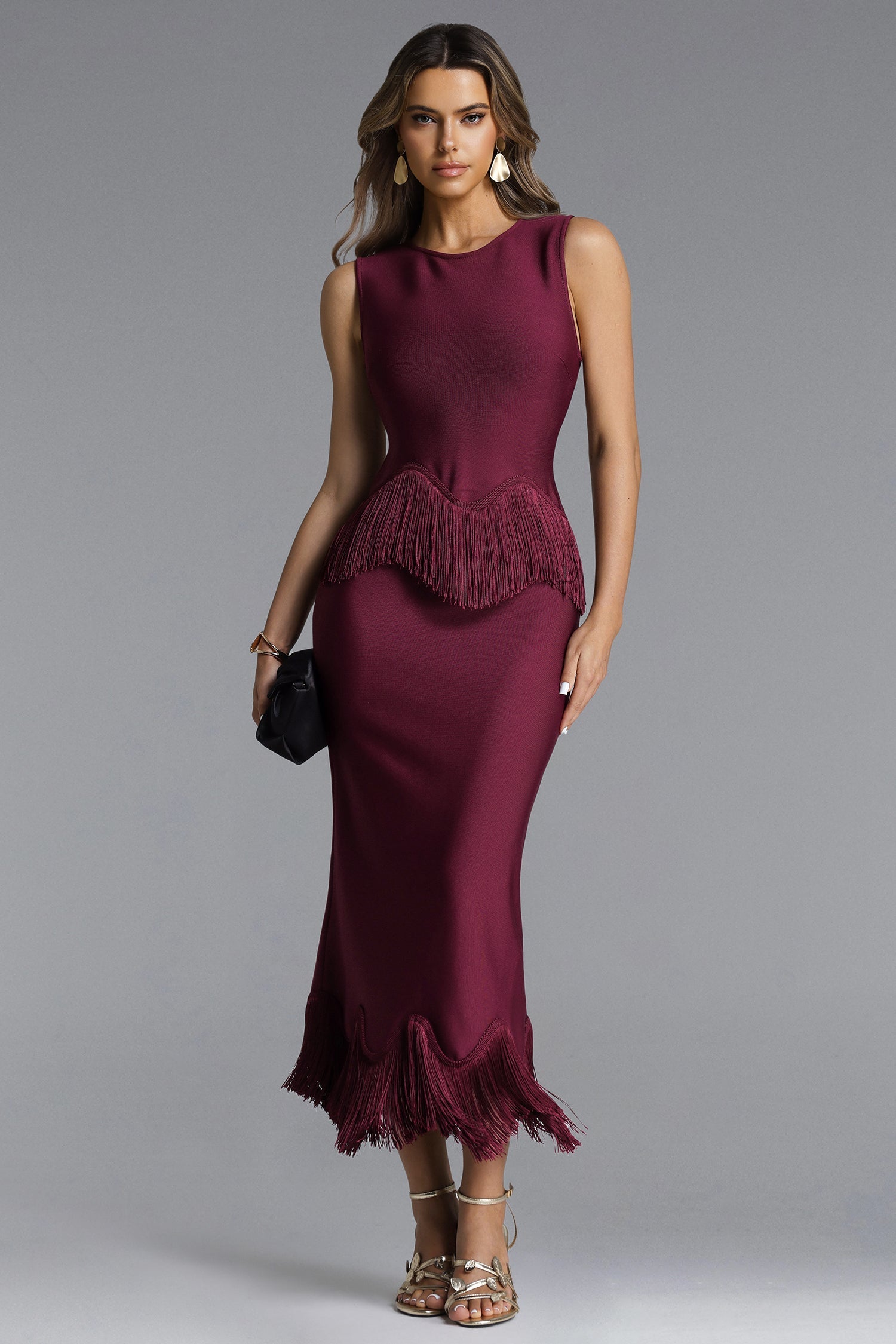 Wenesa Classic Tailored Sleeveless Fringe Bandage Maxi Dress D260301411