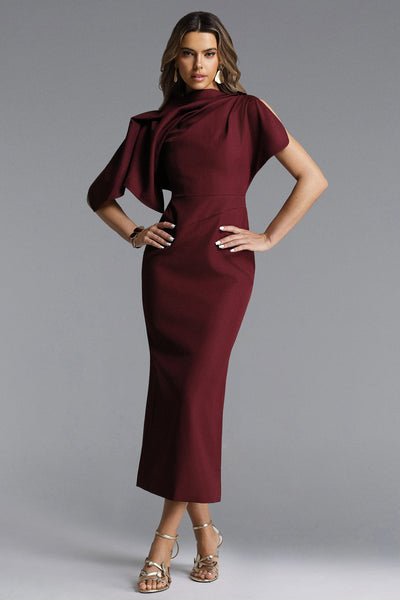 Red - Ferean Elegant Tailored Short Sleeve Asymmetric Drape Maxi Dress by Bella Barnett