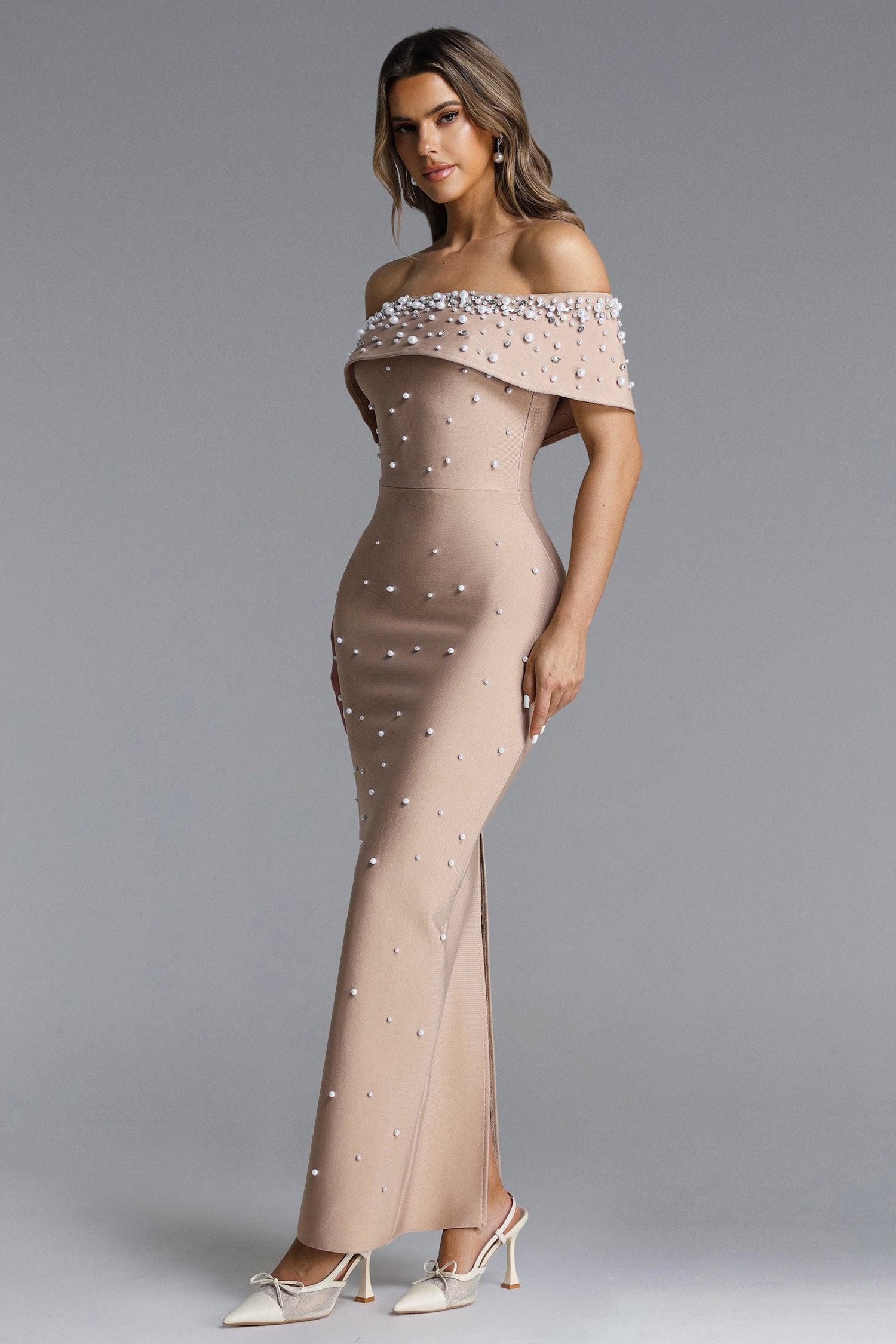 Isme Elegant Contour Off Shoulder Pearl Rhinestone Bandage Maxi Dress D260301428
