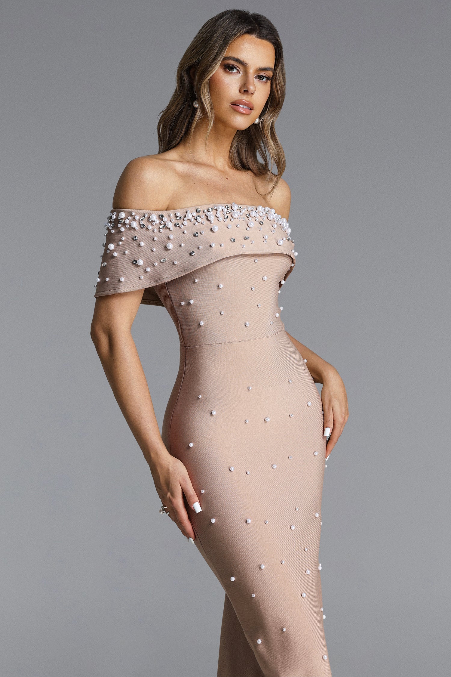 Isme Elegant Contour Off Shoulder Pearl Rhinestone Bandage Maxi Dress D260301428