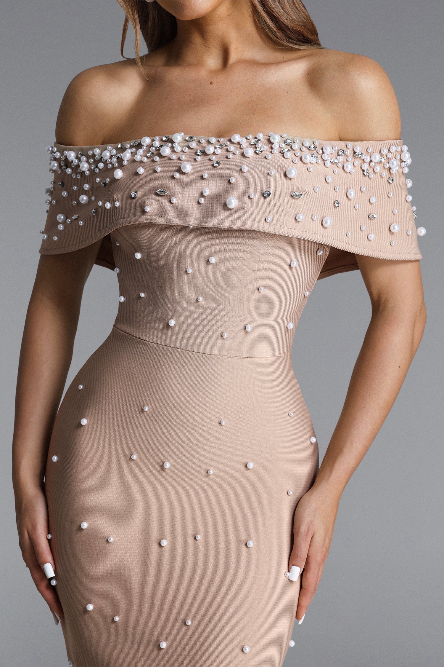 Isme Elegant Contour Off Shoulder Pearl Rhinestone Bandage Maxi Dress D260301428