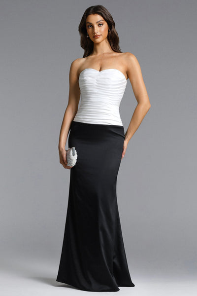 Black White - Diona Elegant Contour Strapless Pleated Contrast Satin Maxi Dress by Bella Barnett