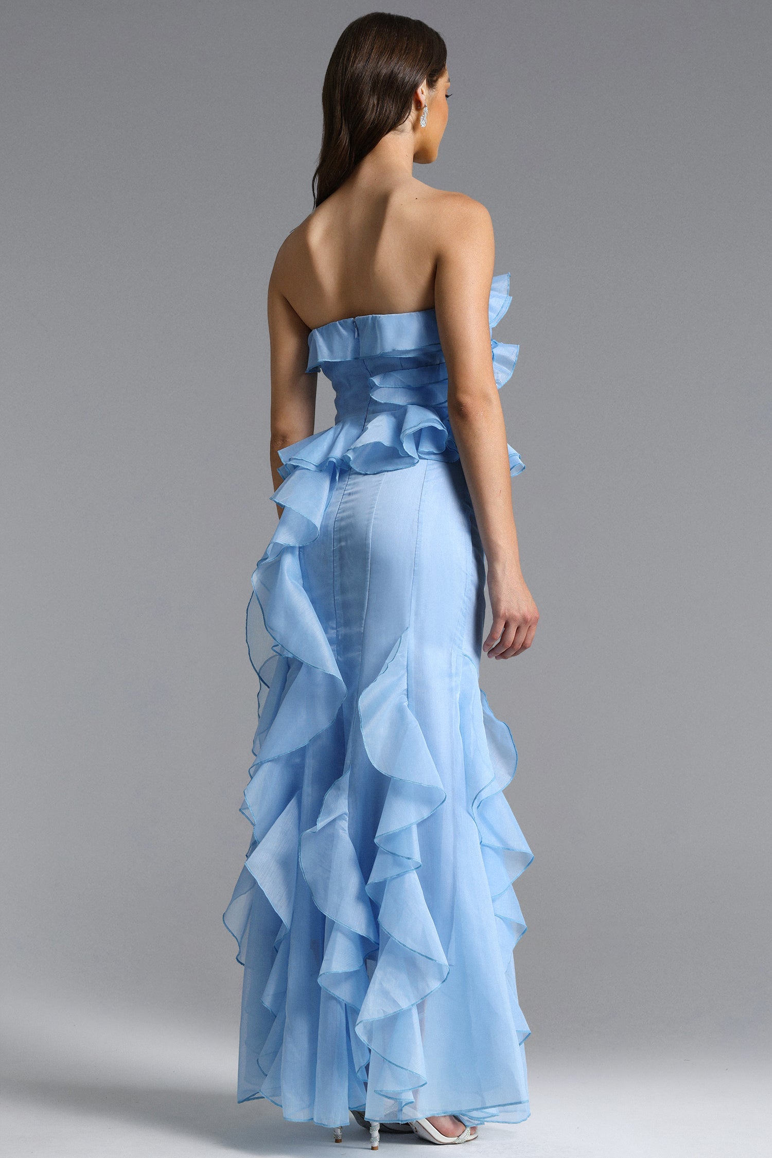 Deirdre Romantic Flowy Strapless Asymmetric Ruffle Floral Maxi Dress D260304308