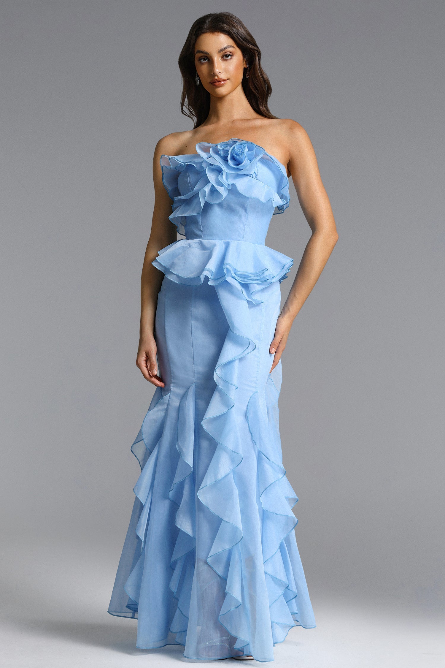Deirdre Romantic Flowy Strapless Asymmetric Ruffle Floral Maxi Dress D260304308