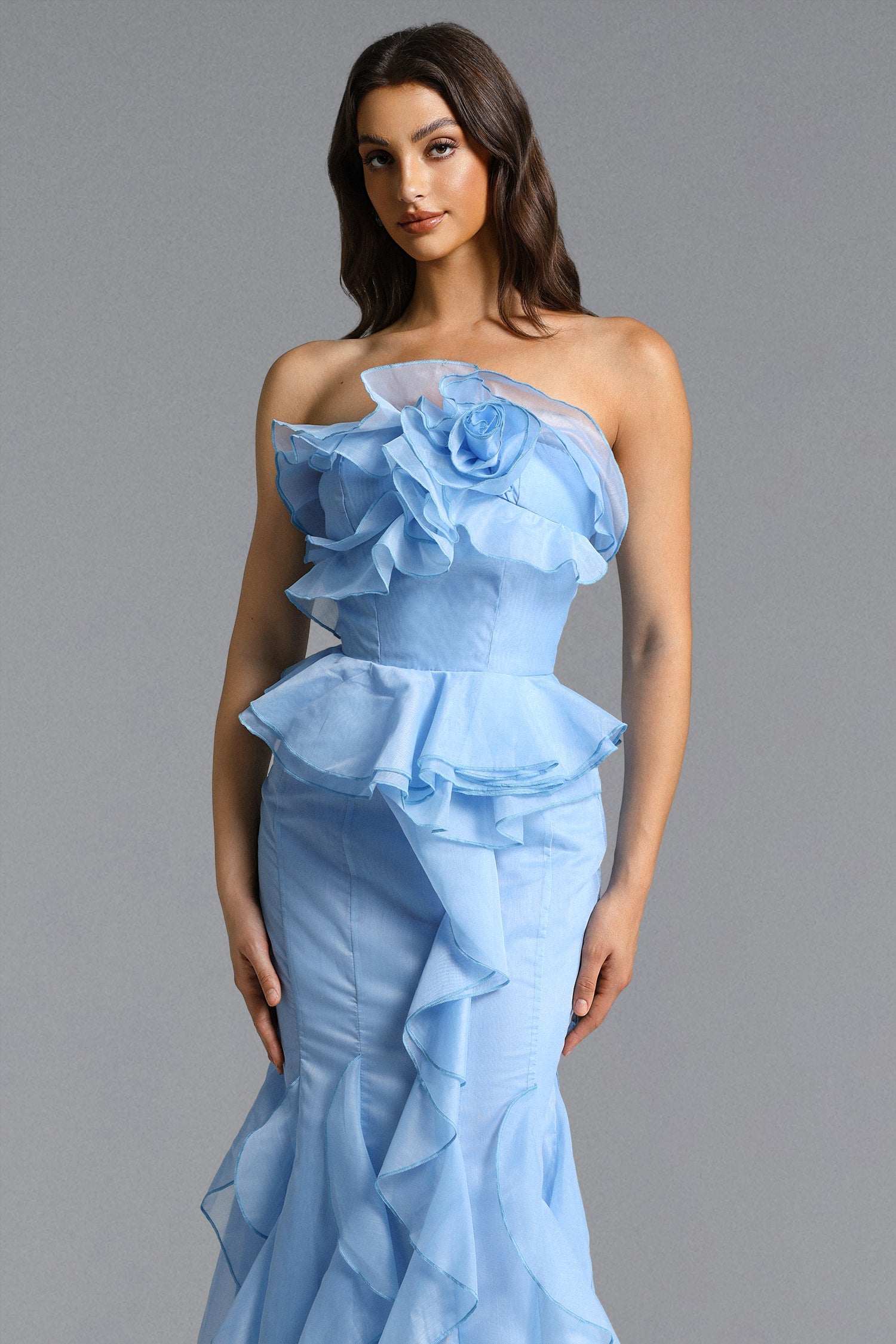Deirdre Romantic Flowy Strapless Asymmetric Ruffle Floral Maxi Dress D260304308