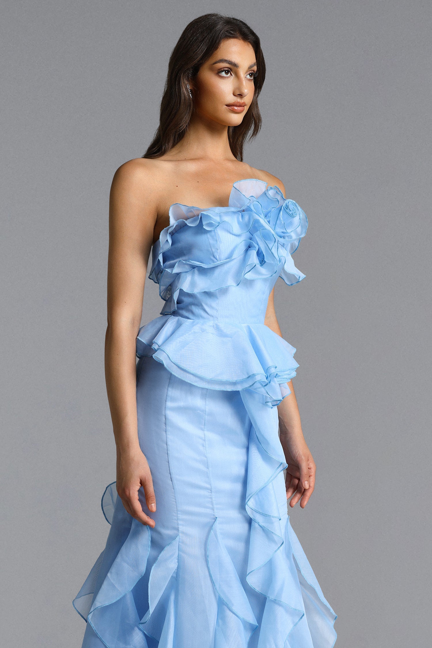 Deirdre Romantic Flowy Strapless Asymmetric Ruffle Floral Maxi Dress D260304308