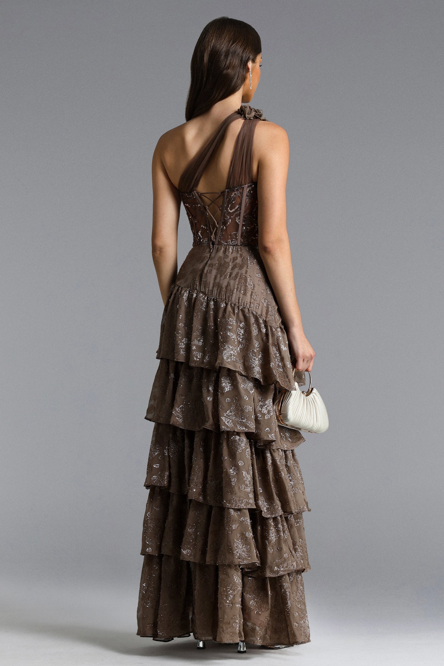 Hedar Romantic Tailored One Shoulder Cut Out Ruffle Embellished Sequin Maxi Dress D260301513