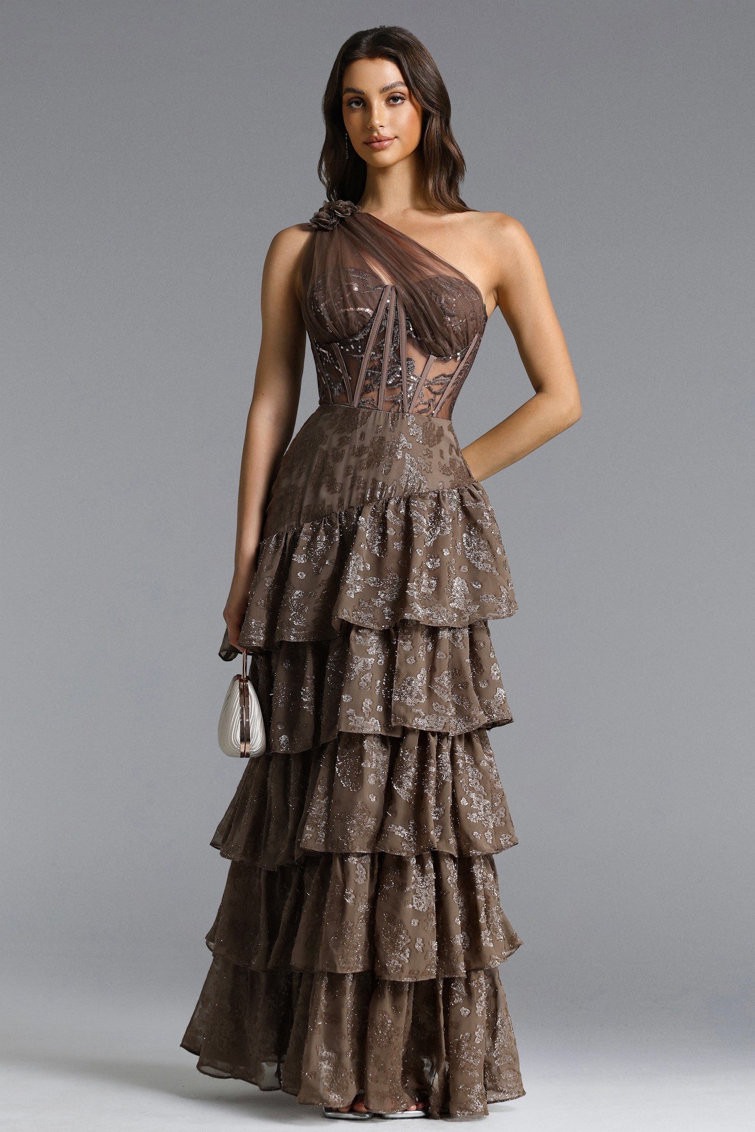 Hedar Romantic Tailored One Shoulder Cut Out Ruffle Embellished Sequin Maxi Dress D260301513