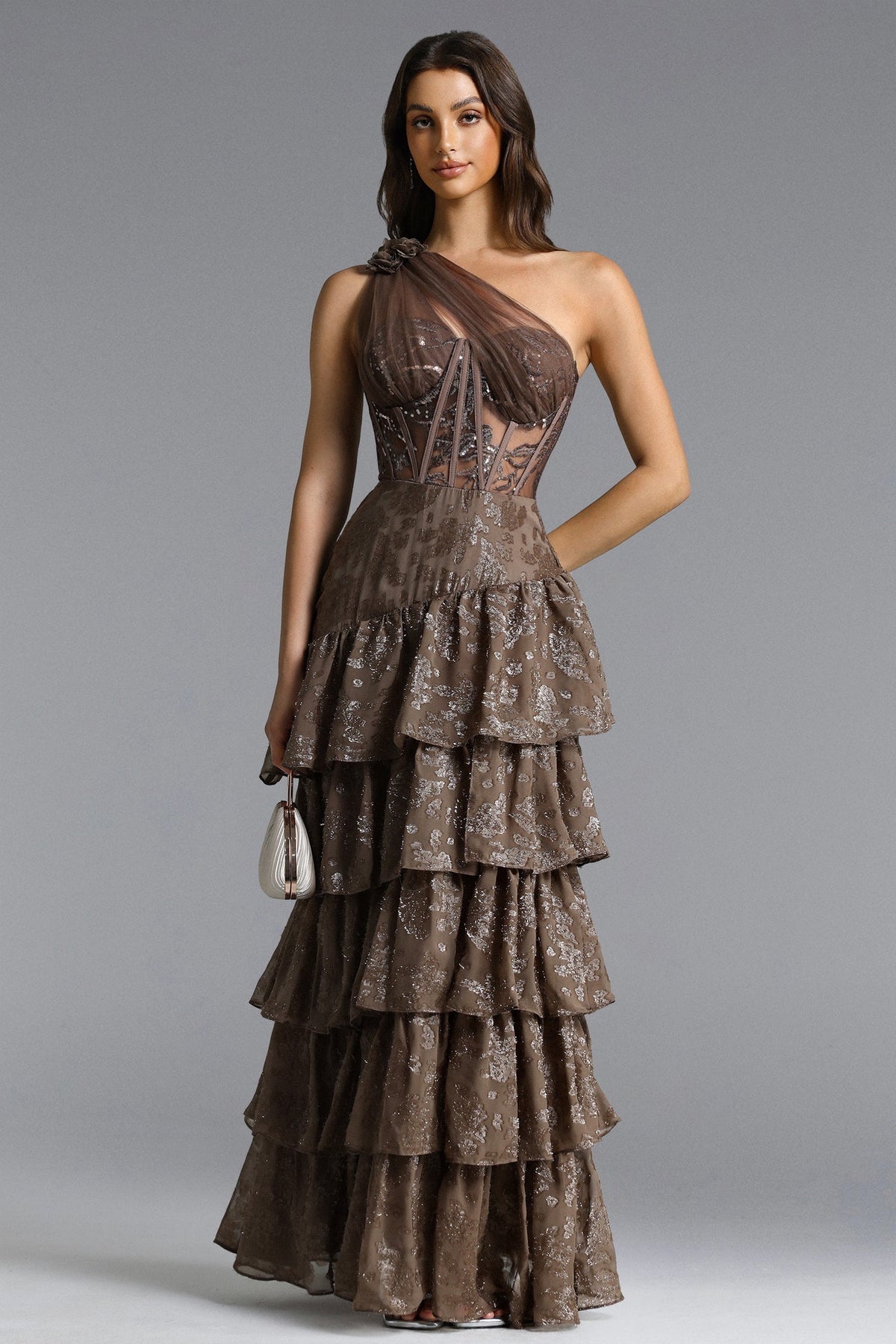 Hedar Romantic Tailored One Shoulder Cut Out Ruffle Embellished Sequin Maxi Dress D260301513