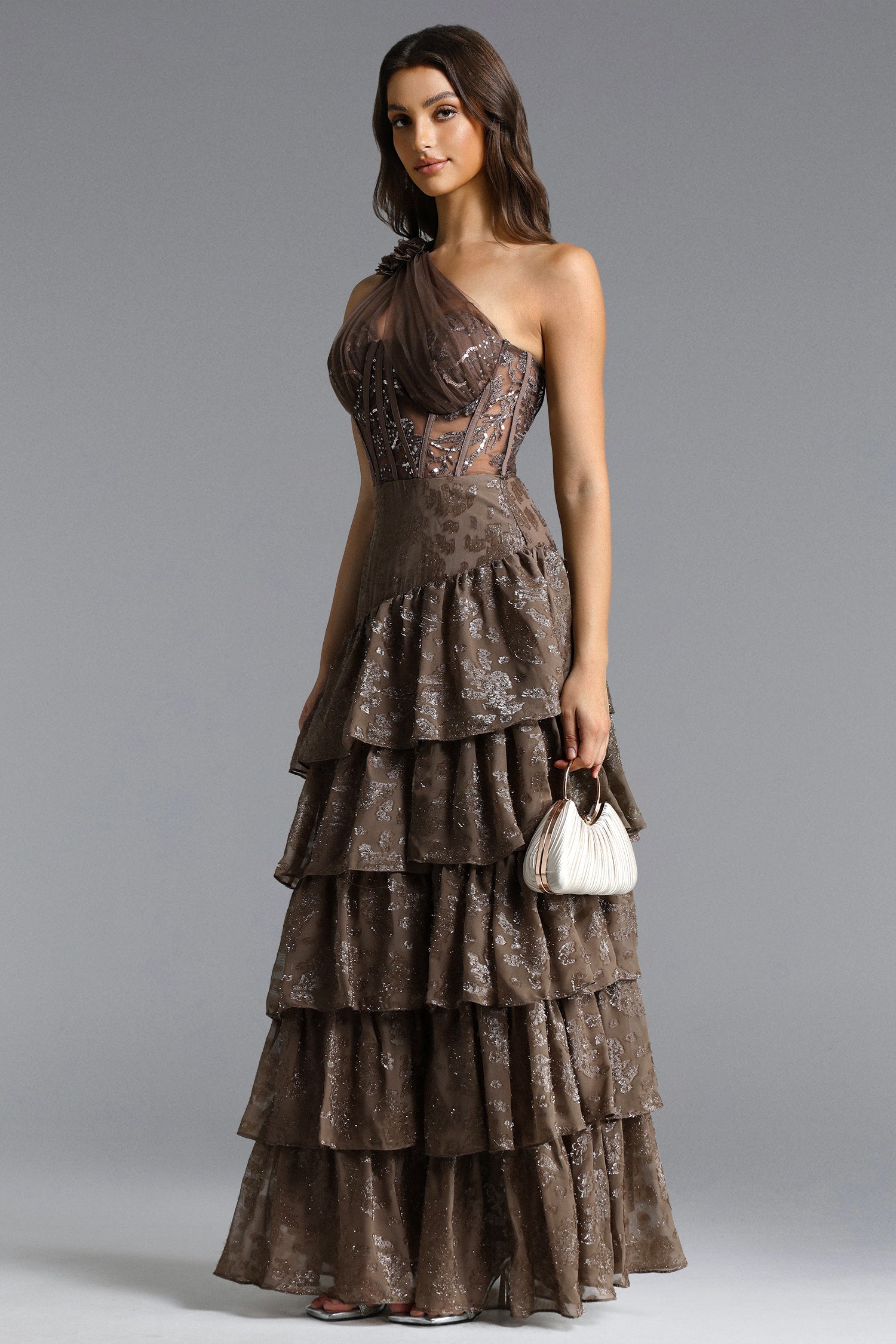 Hedar Romantic Tailored One Shoulder Cut Out Ruffle Embellished Sequin Maxi Dress D260301513