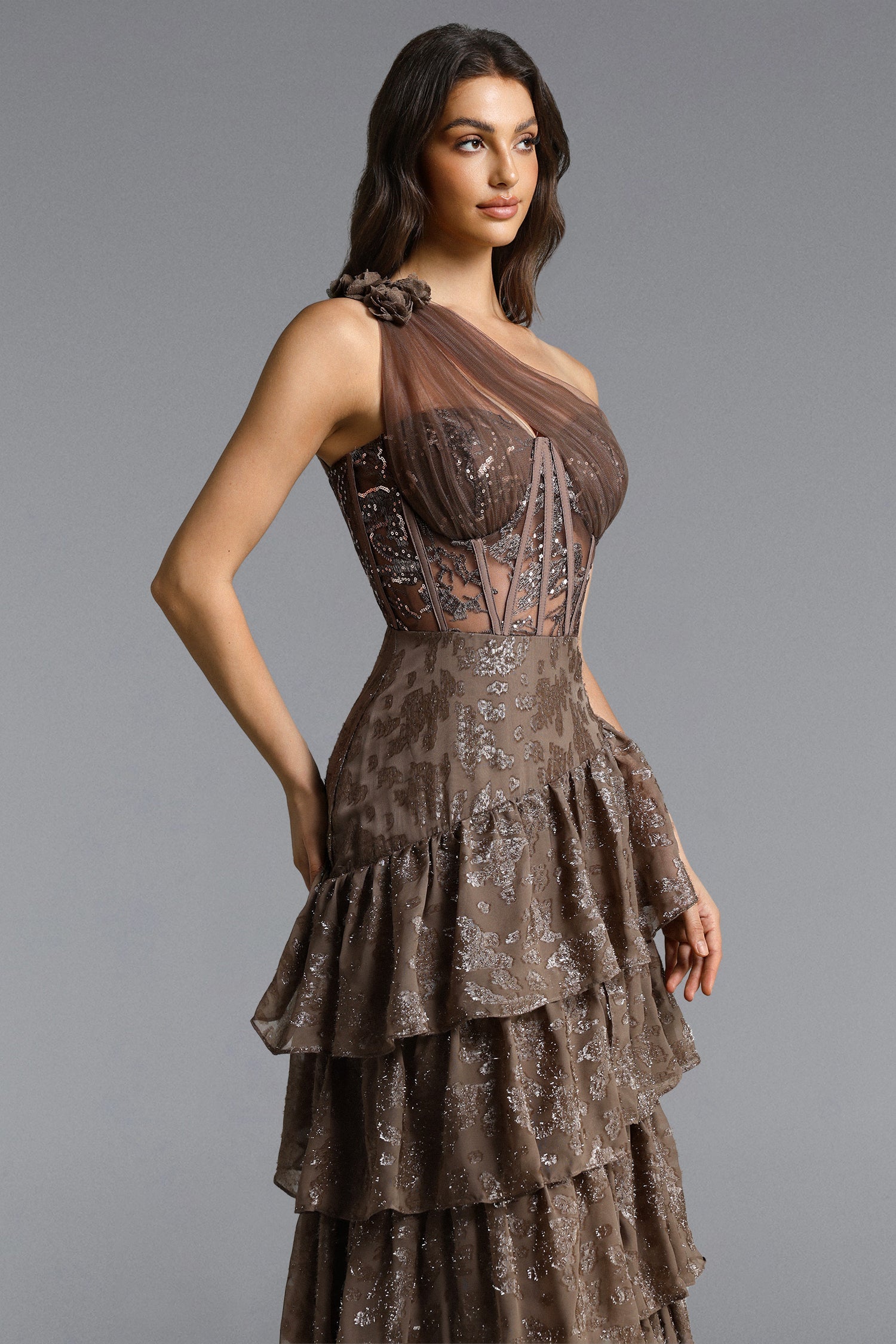 Hedar Romantic Tailored One Shoulder Cut Out Ruffle Embellished Sequin Maxi Dress D260301513