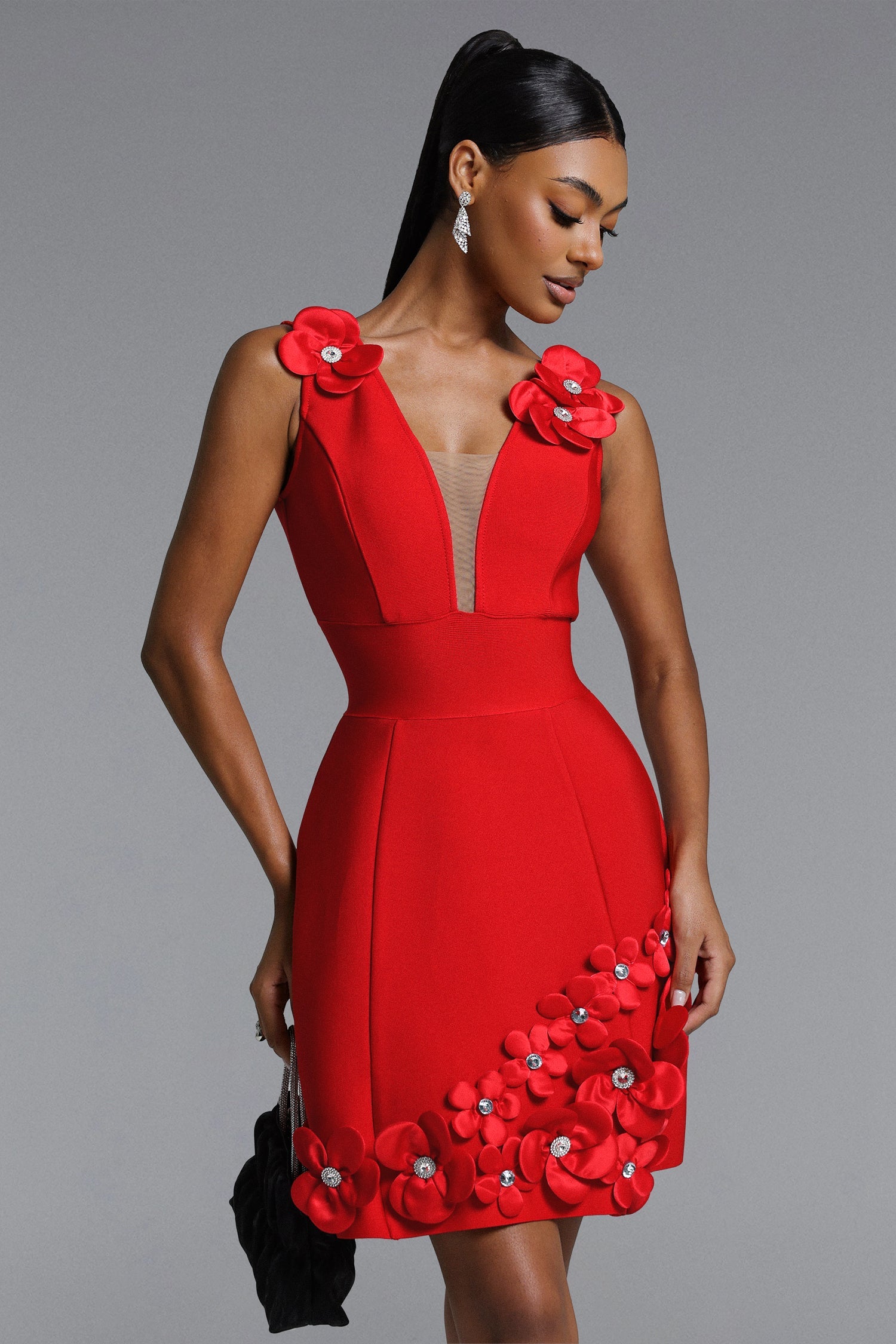 Juyce Romantic Contour Deep V Floral Bandage Mini Dress D260301622