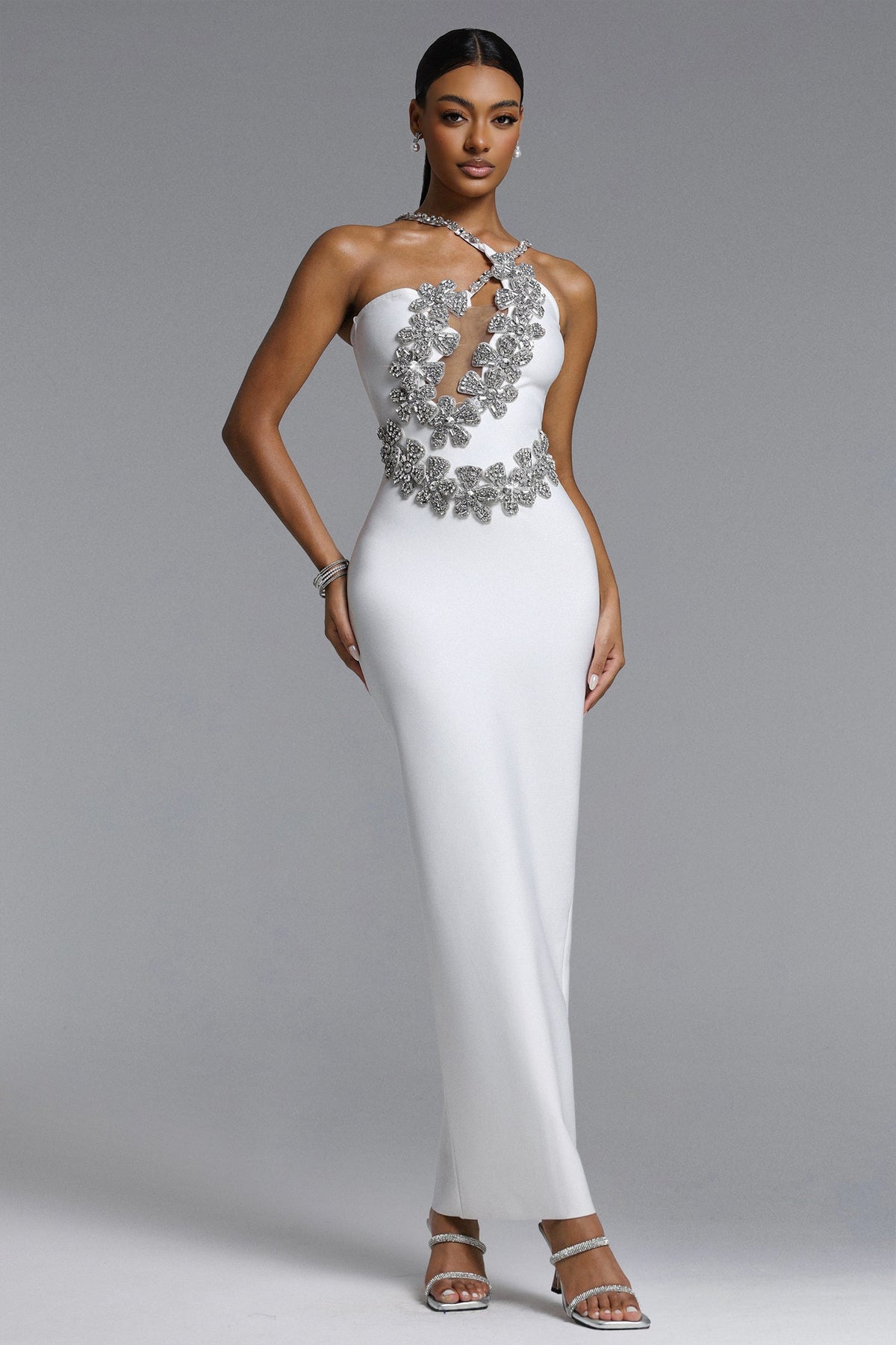Veronic Glamorous Contour Halter Cut Out Rhinestone Floral Bandage Maxi Dress D260301619