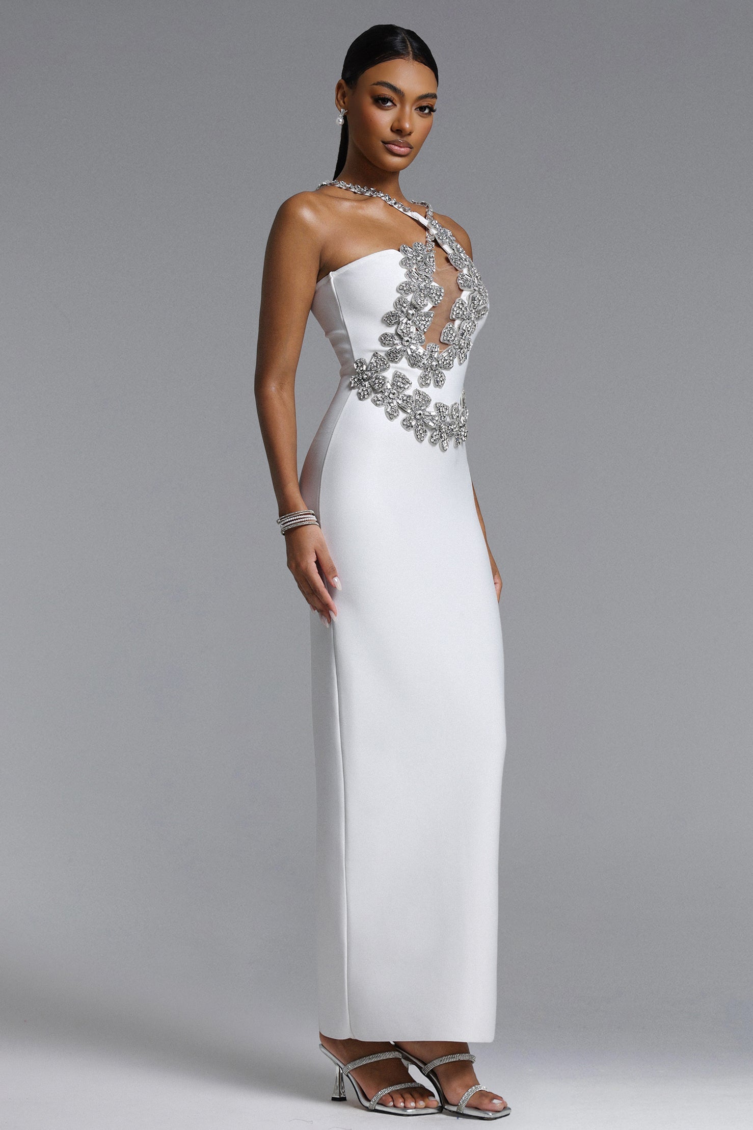 Veronic Glamorous Contour Halter Cut Out Rhinestone Floral Bandage Maxi Dress D260301619