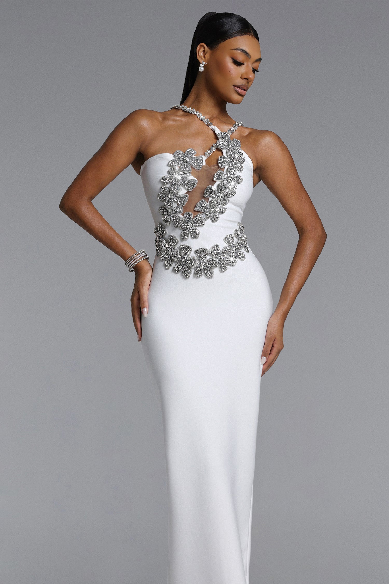 Veronic Glamorous Contour Halter Cut Out Rhinestone Floral Bandage Maxi Dress D260301619