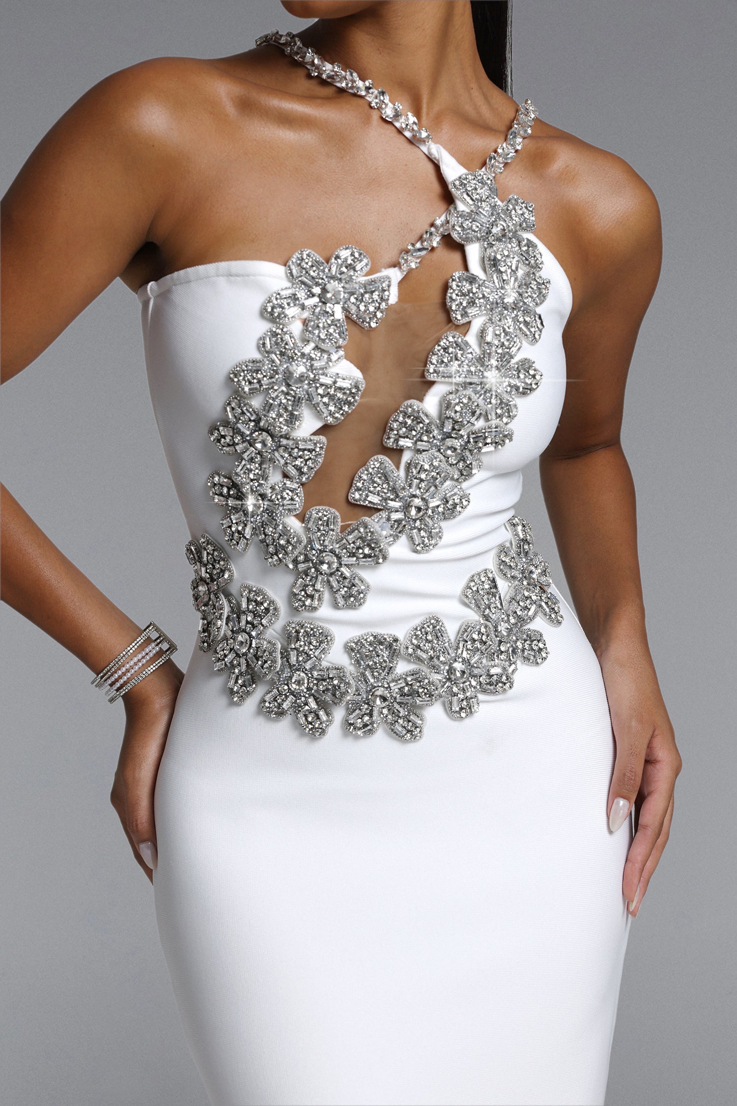 Veronic Glamorous Contour Halter Cut Out Rhinestone Floral Bandage Maxi Dress D260301619