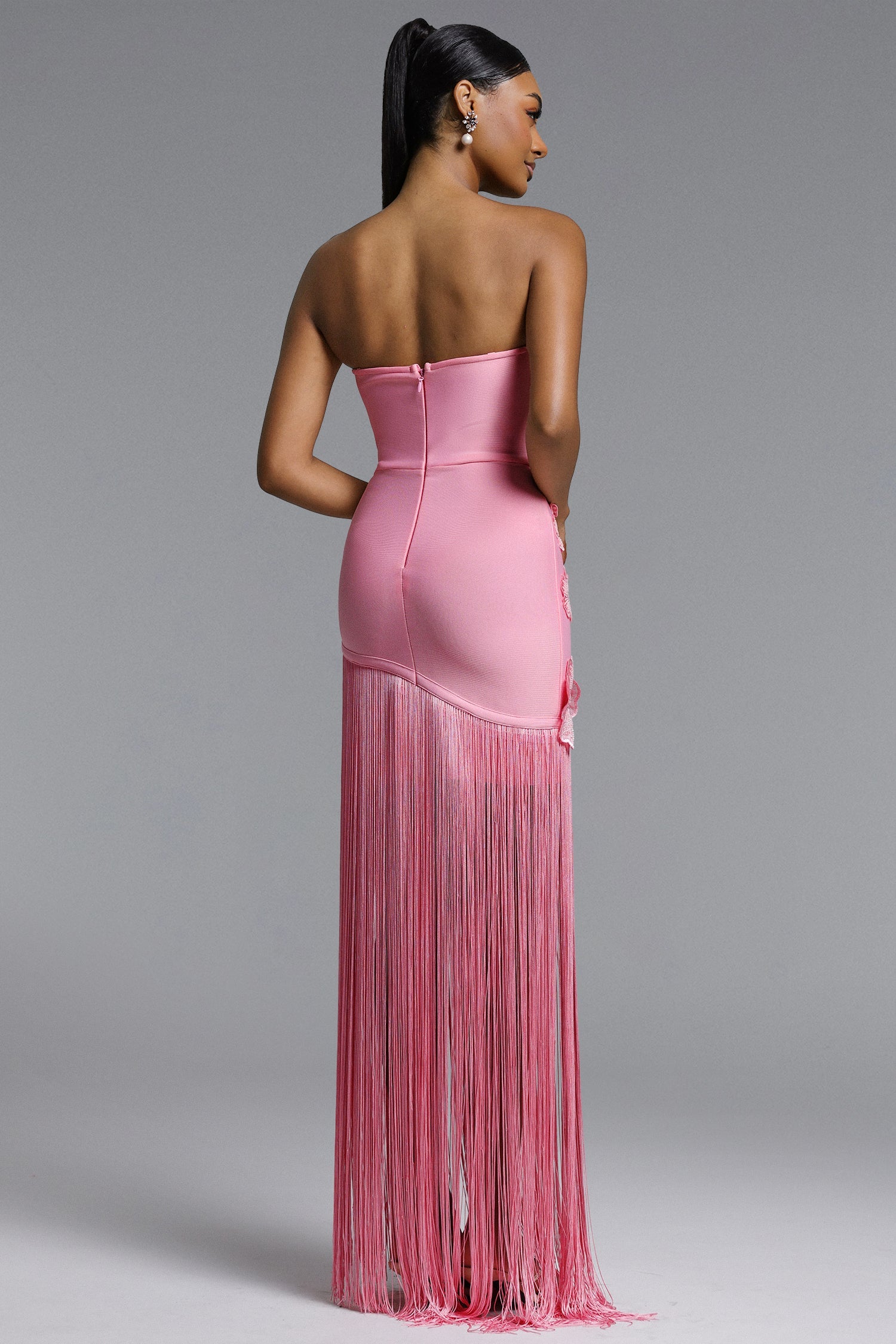Ezgi Chic Contour Strapless Floral Fringe Bandage Maxi Dress D260401104