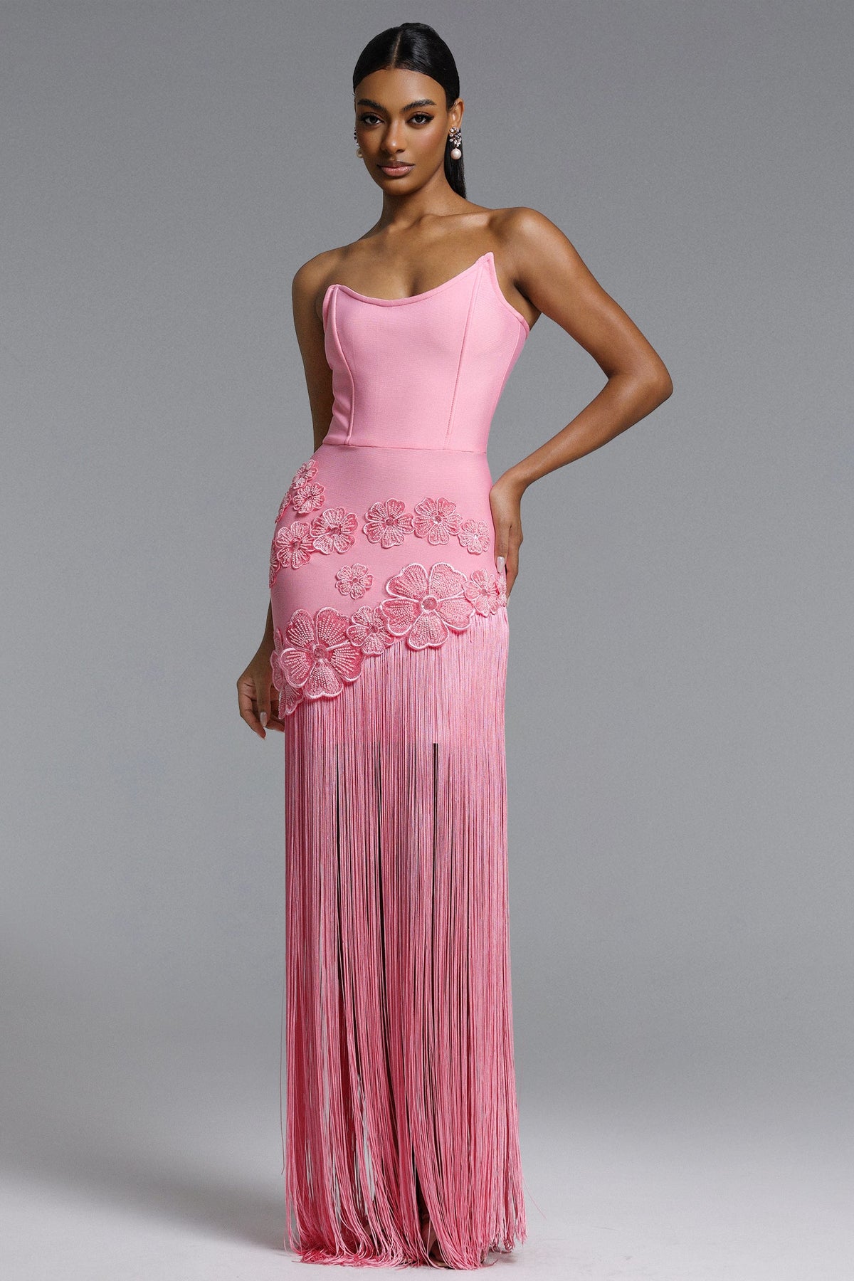 Ezgi Chic Contour Strapless Floral Fringe Bandage Maxi Dress D260401104