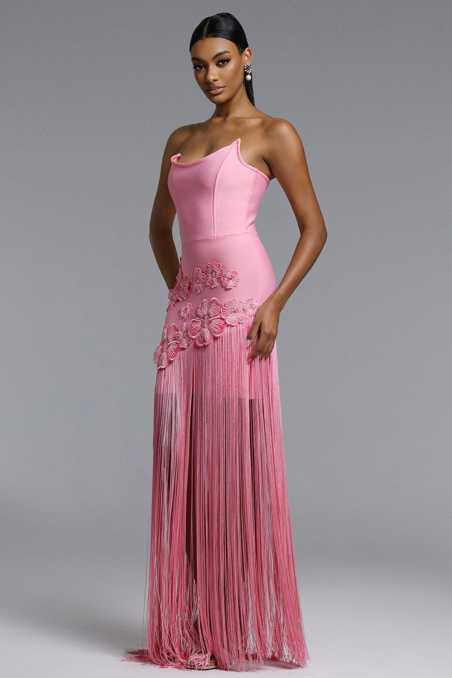 Ezgi Chic Contour Strapless Floral Fringe Bandage Maxi Dress D260401104