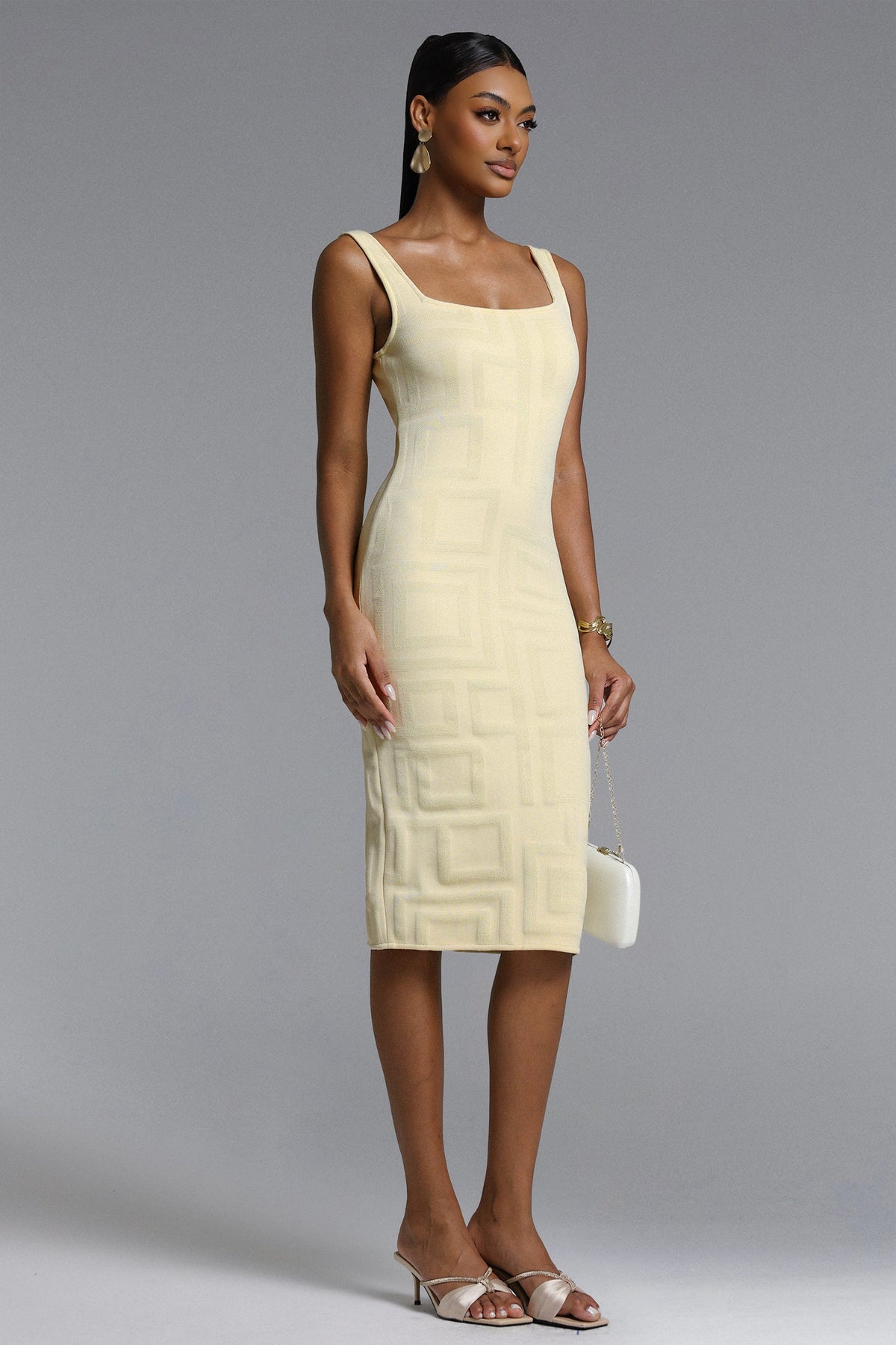 Vilina Elegant Contour Square Pattern Bandage Midi Dress D260301620