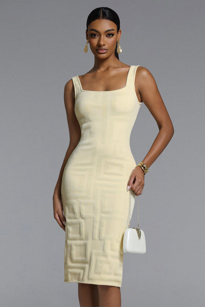 Beige - Vilina Elegant Contour Square Pattern Bandage Midi Dress by Bella Barnett